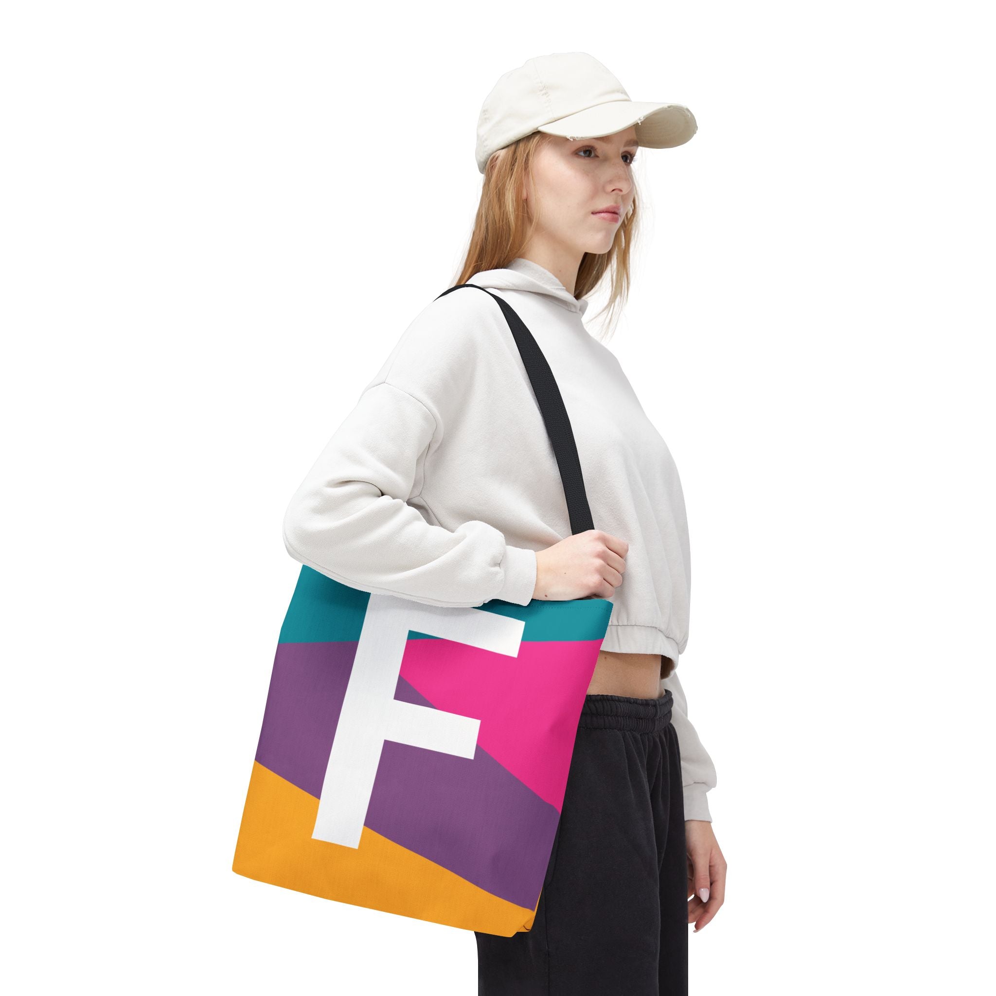 Monogram 'F' Colorblock Tote Bag — Personalized Initial F Shoulder Tote