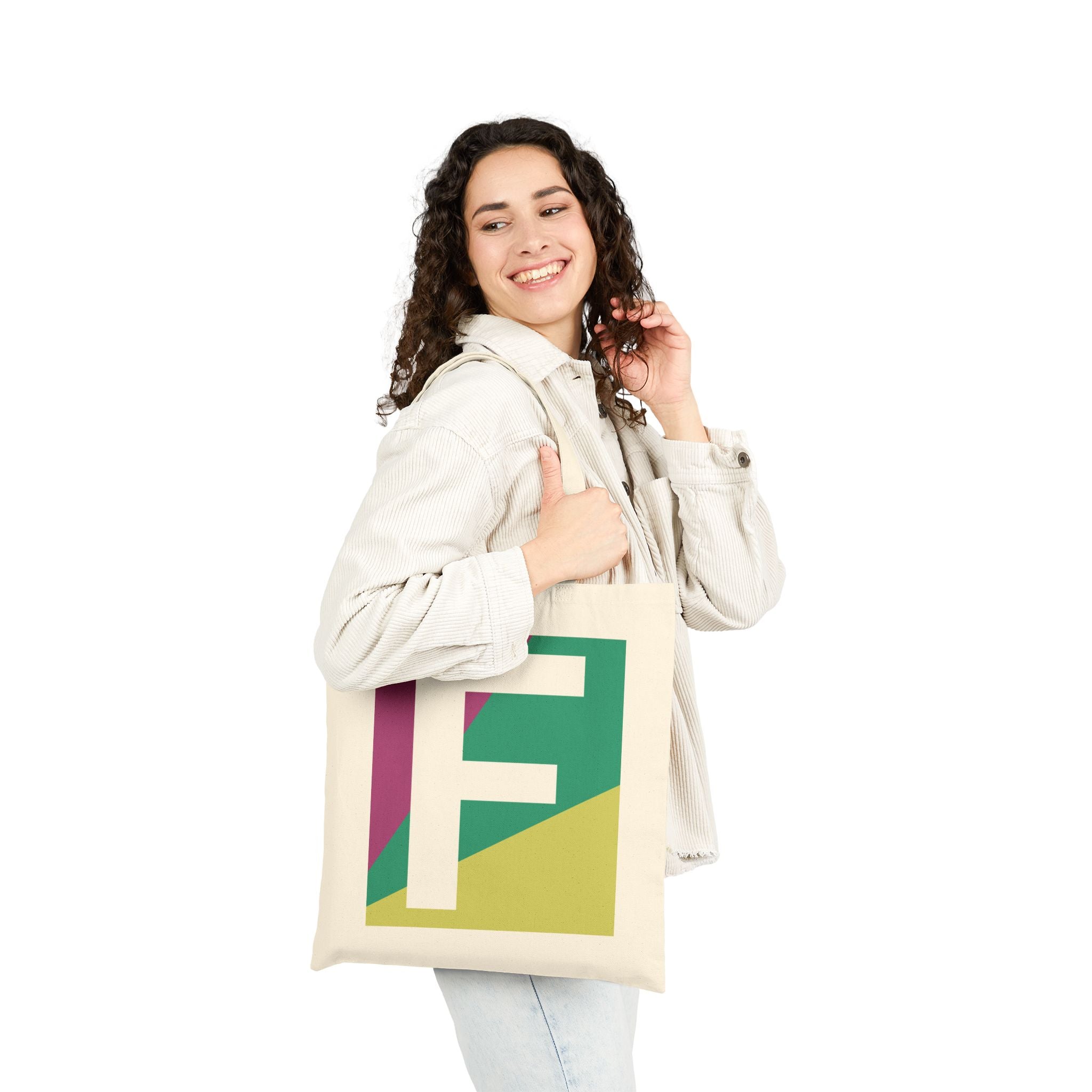 Initial F Colorblock Canvas Tote Bag — Monogram Letter F Reusable Grocery Tote
