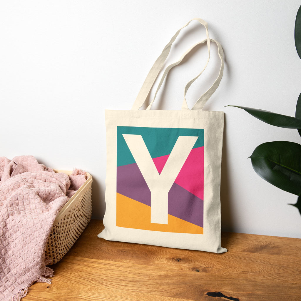 Initial Y Colorblock Canvas Tote Bag — Monogram Letter Y Reusable Grocery Tote