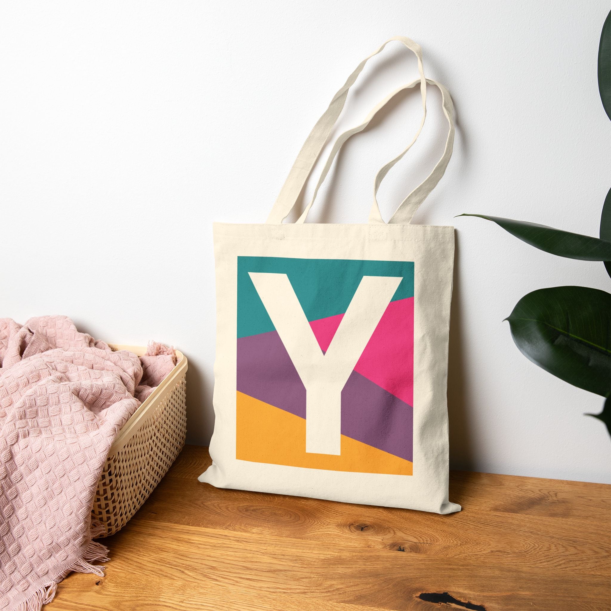 Initial Y Colorblock Canvas Tote Bag — Monogram Letter Y Reusable Grocery Tote