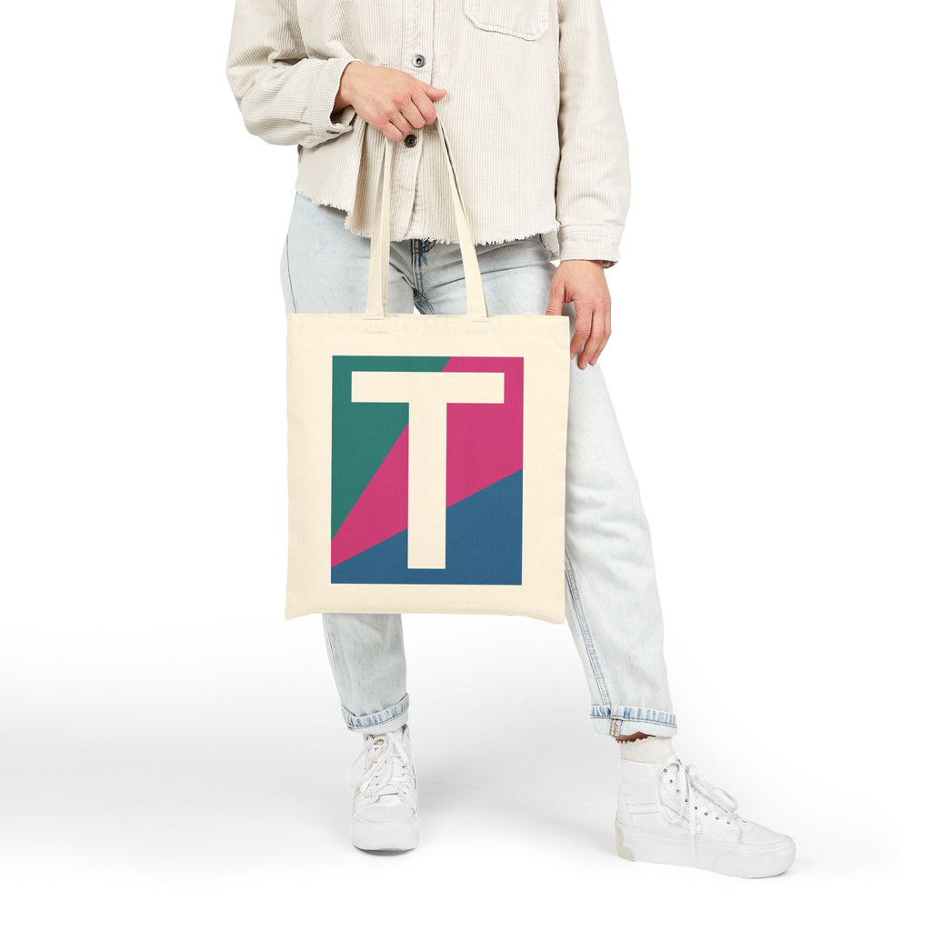 Initial T Colorblock Canvas Tote Bag — Monogram Letter T Reusable Grocery Tote
