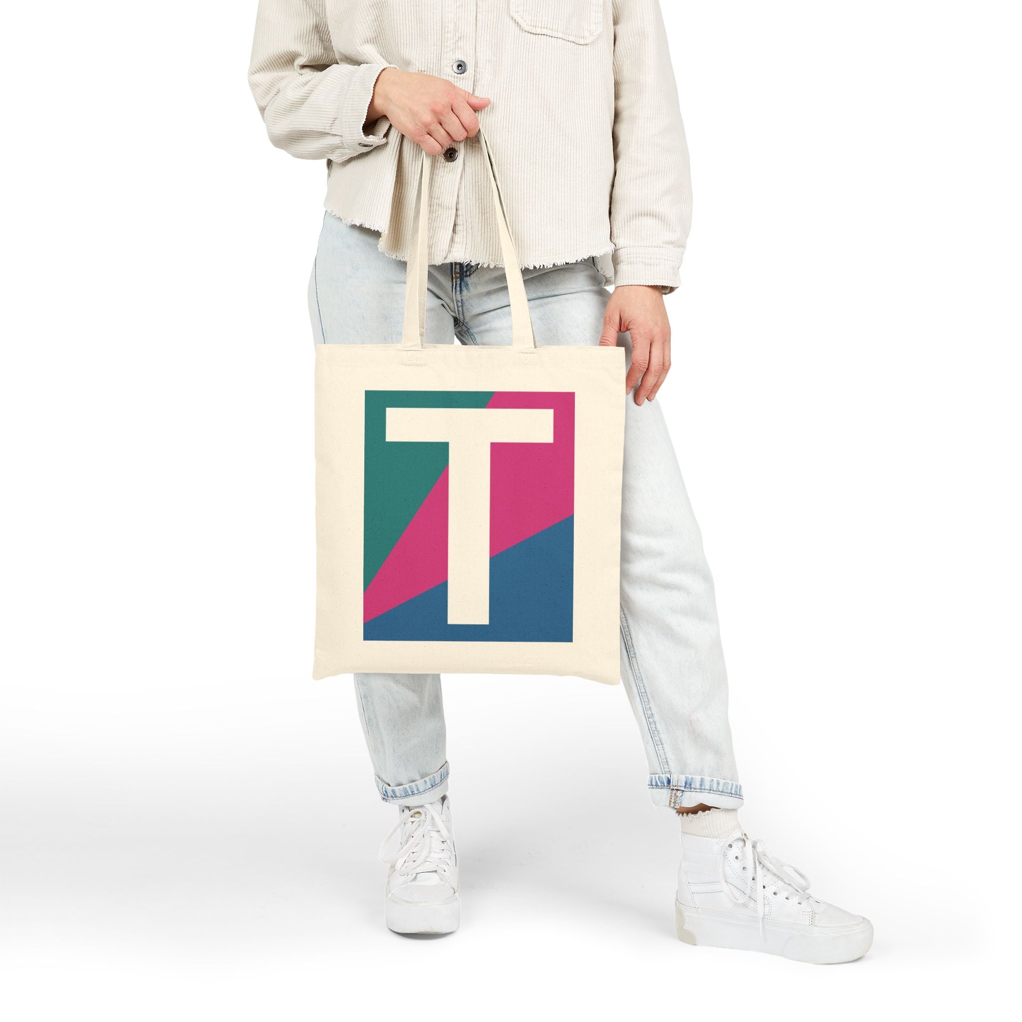 Initial T Colorblock Canvas Tote Bag — Monogram Letter T Reusable Grocery Tote