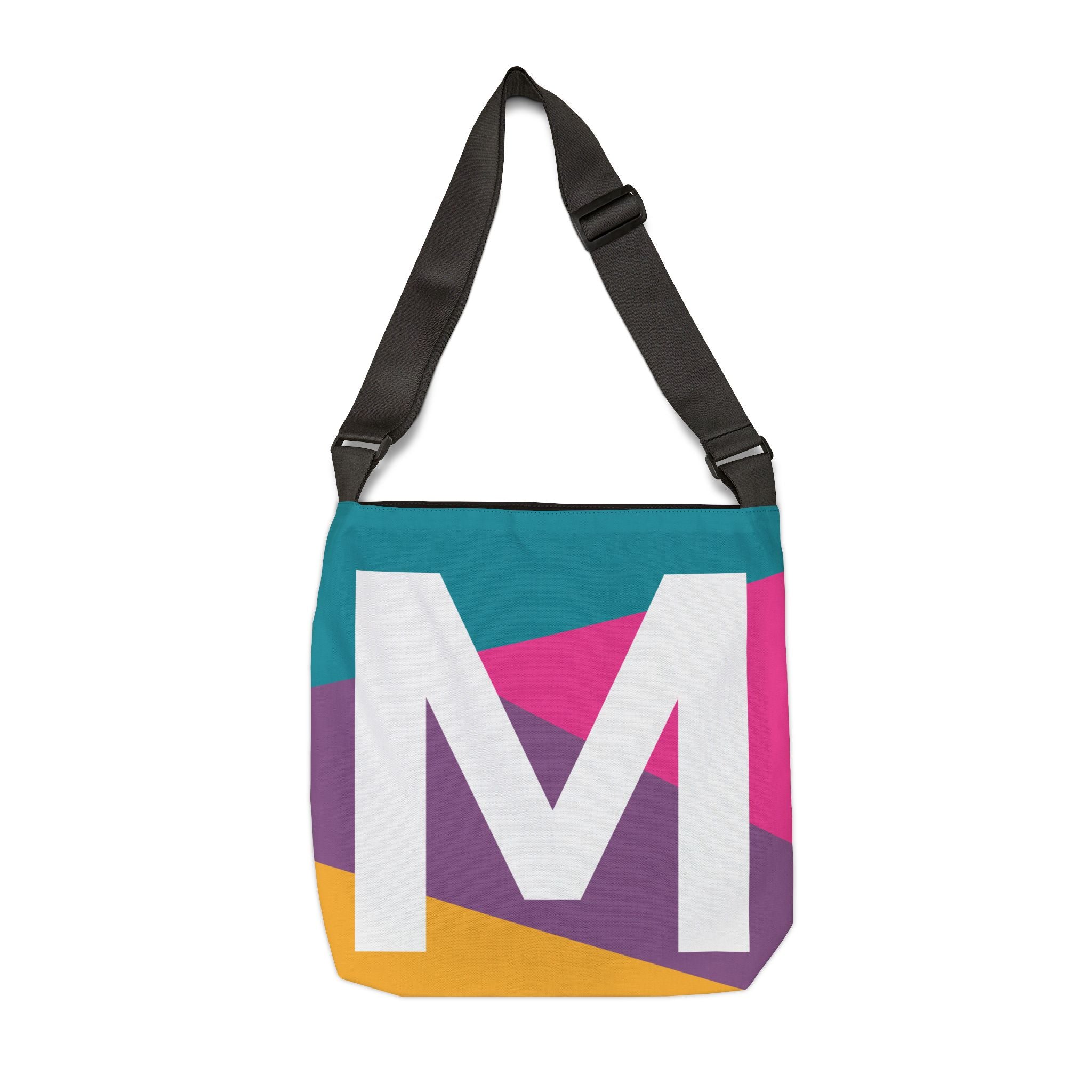 Initial Letter 'M' Colorblock Adjustable Tote Bag — Monogram Alphabet Shoulder Bag