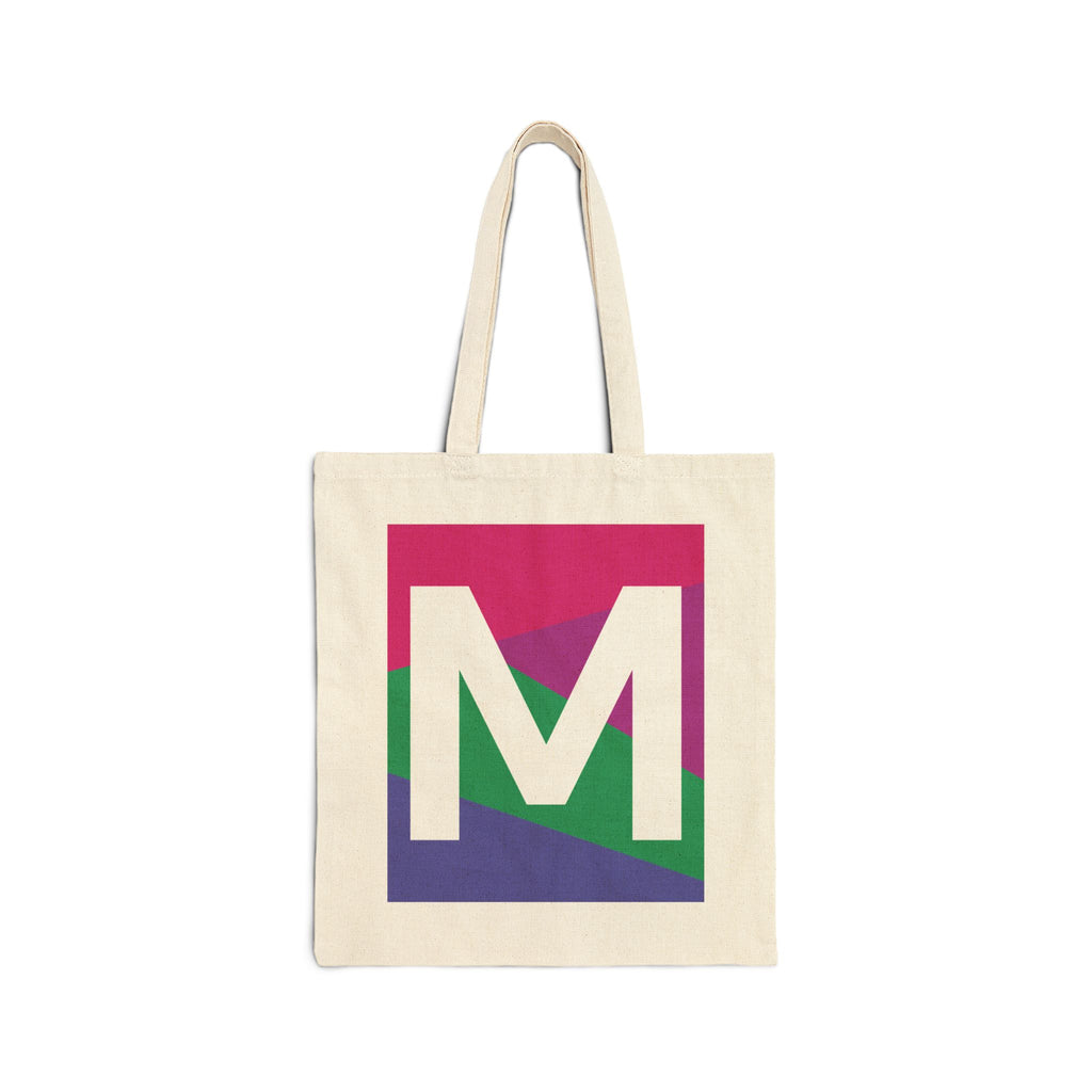Initial M Colorblock Canvas Tote Bag — Monogram Letter M Reusable Grocery Tote
