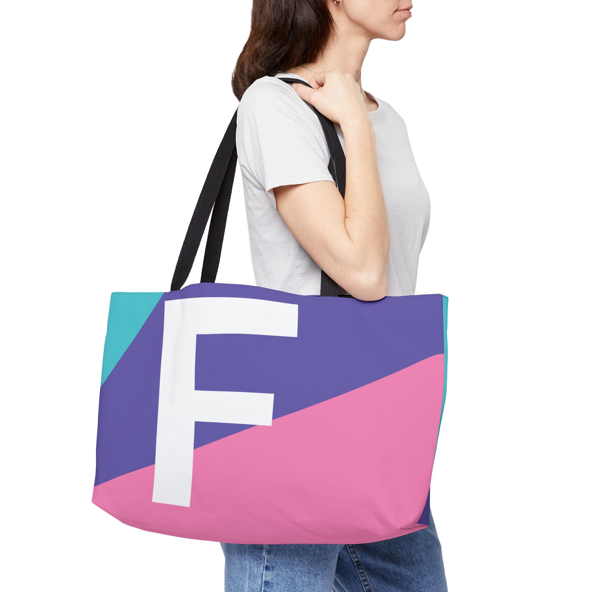 Personalized 'F' Colorblock Tote Bag — Monogram Weekender Tote