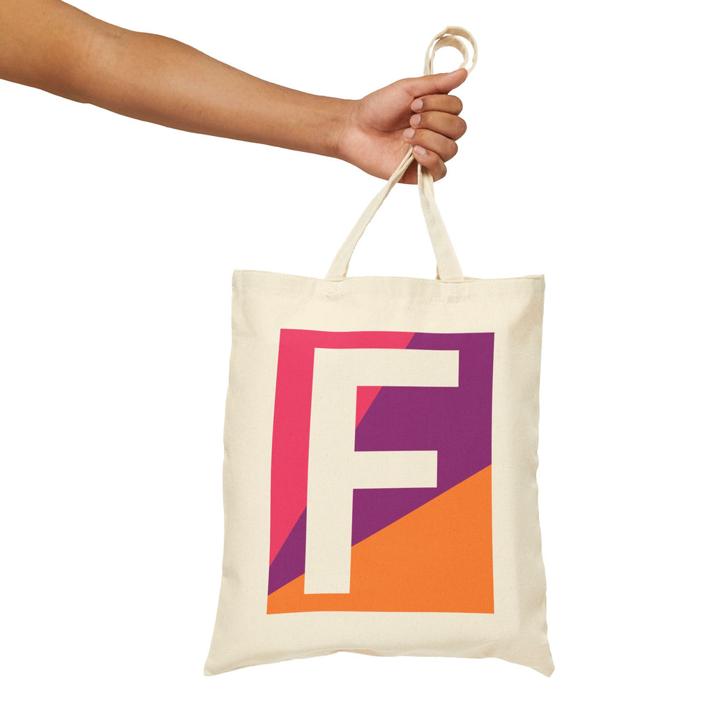 Initial F Colorblock Canvas Tote Bag — Monogram Letter F Reusable Grocery Tote