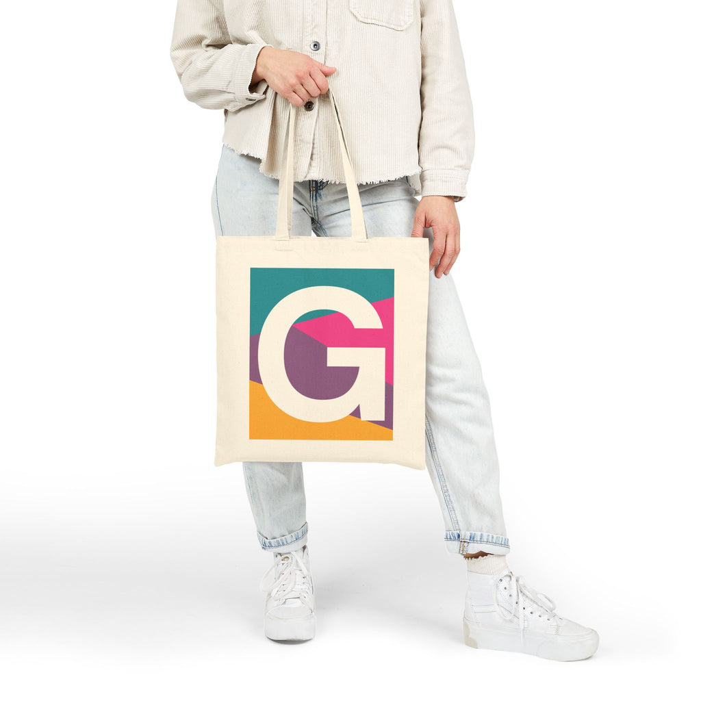 Initial G Colorblock Canvas Tote Bag — Monogram Letter G Reusable Grocery Tote