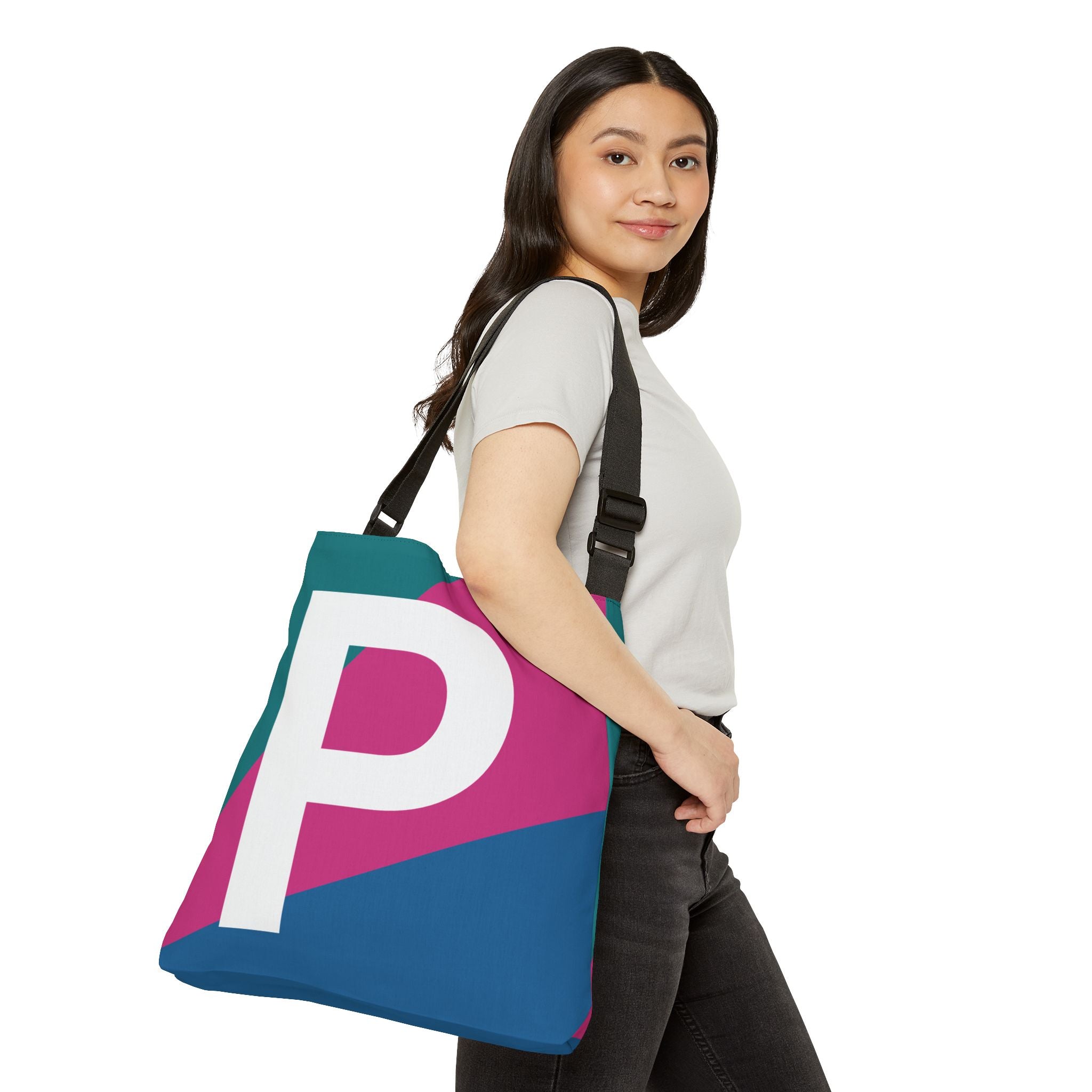 Initial Letter 'P' Colorblock Adjustable Tote Bag — Monogram Alphabet Shoulder Bag