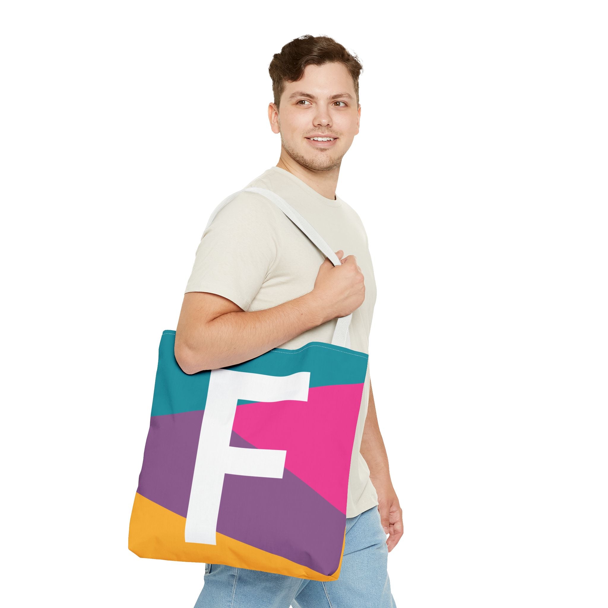 Monogram 'F' Colorblock Tote Bag — Personalized Initial F Shoulder Tote