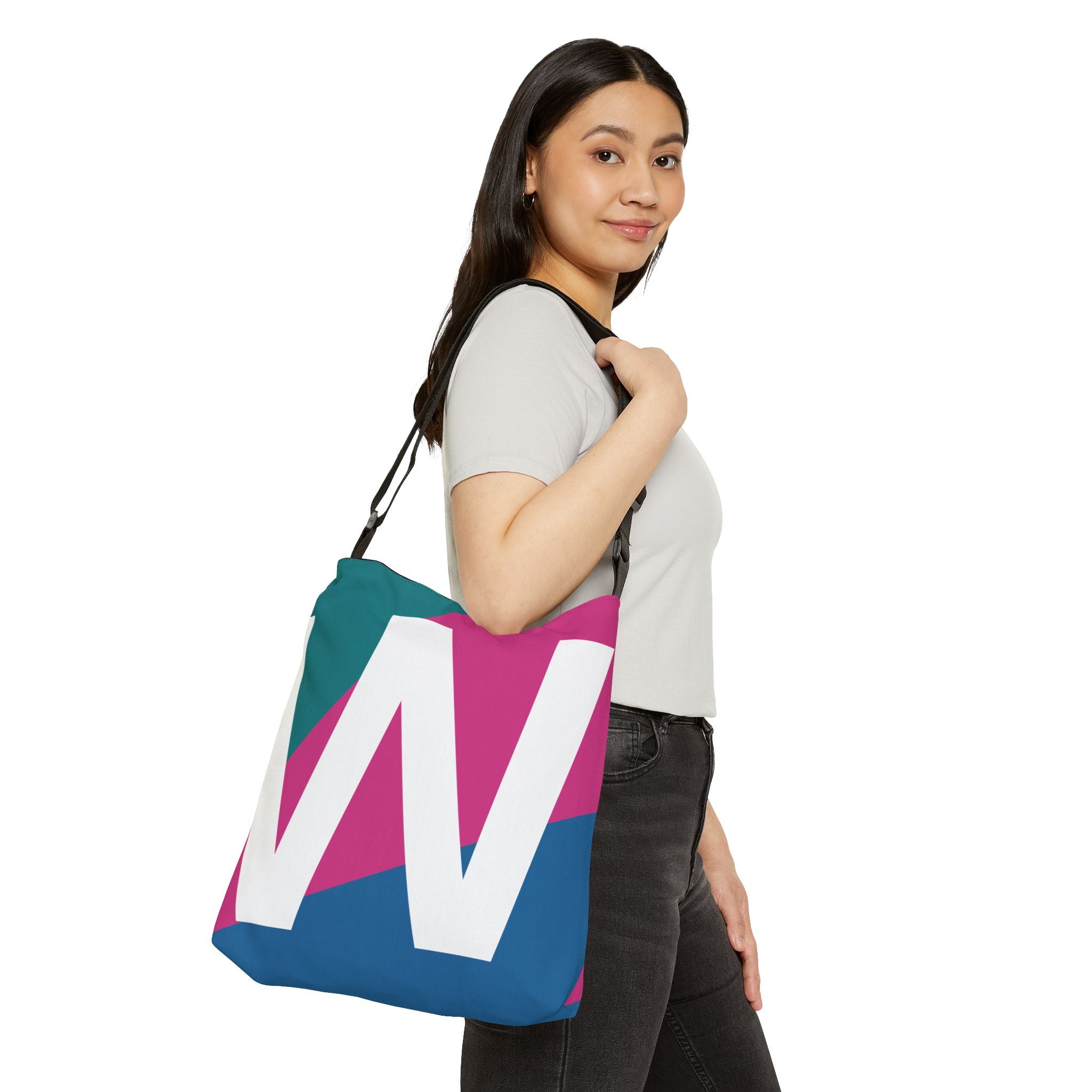 Initial Letter 'W' Colorblock Adjustable Tote Bag — Monogram Alphabet Shoulder Bag