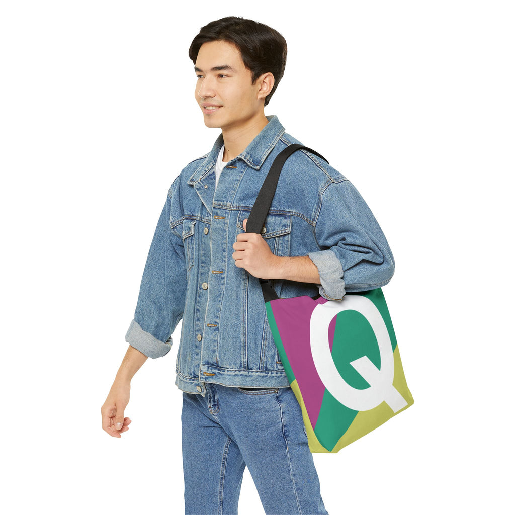 Initial Letter 'Q' Colorblock Adjustable Tote Bag — Monogram Alphabet Shoulder Bag