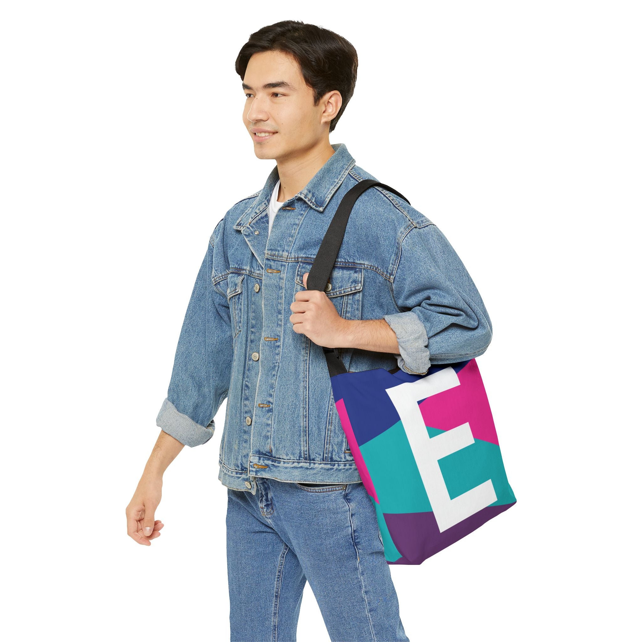 Initial Letter 'E' Colorblock Adjustable Tote Bag — Monogram Alphabet Shoulder Bag