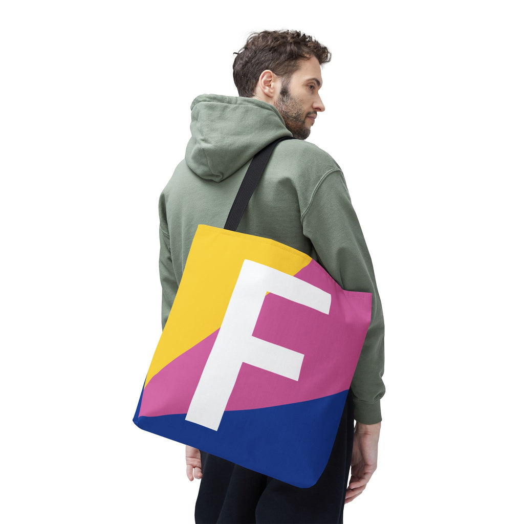Monogram 'F' Colorblock Tote Bag — Personalized Initial F Shoulder Tote