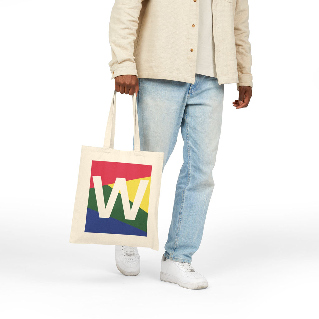 Initial W Colorblock Canvas Tote Bag — Monogram Letter W Reusable Grocery Tote
