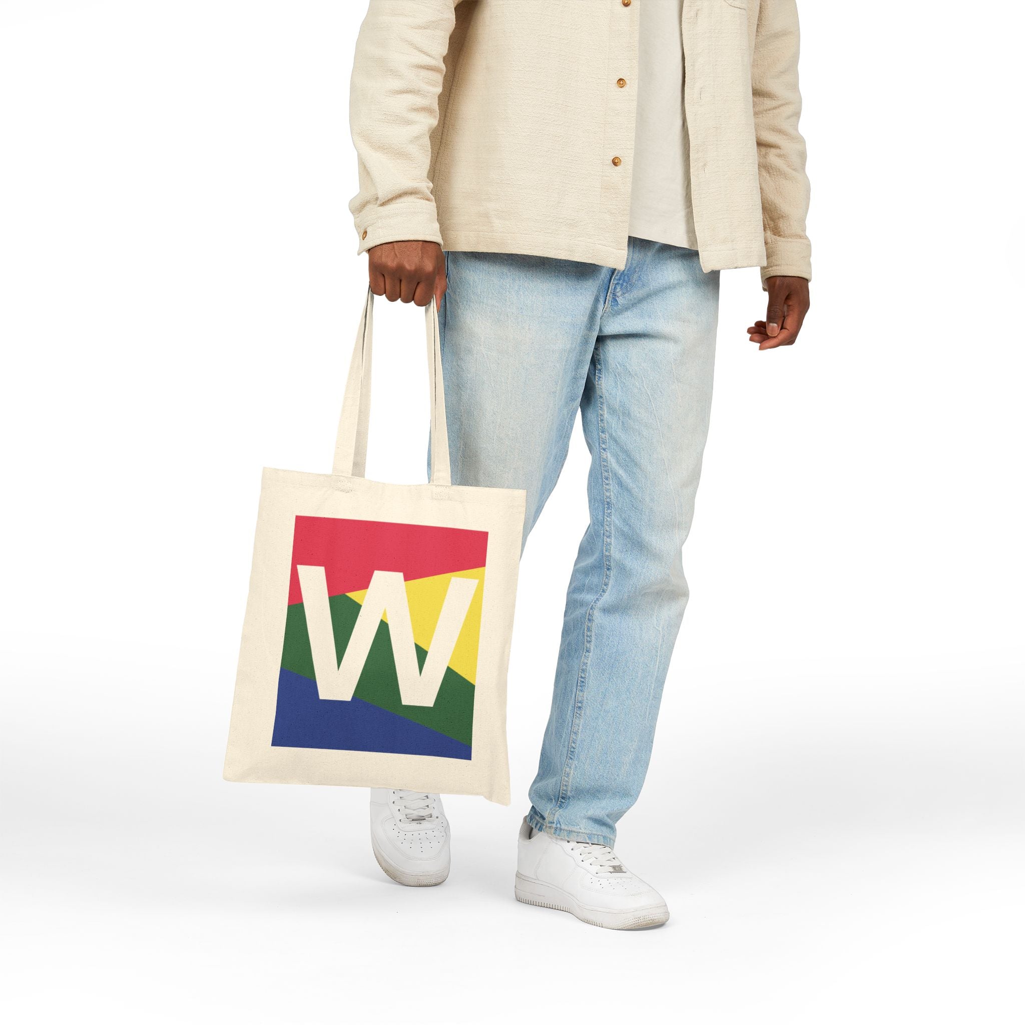 Initial W Colorblock Canvas Tote Bag — Monogram Letter W Reusable Grocery Tote
