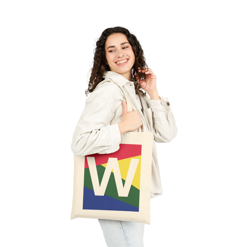 Initial W Colorblock Canvas Tote Bag — Monogram Letter W Reusable Grocery Tote
