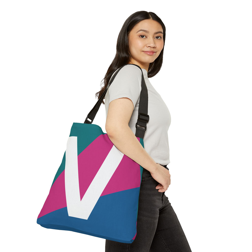 Initial Letter 'V' Colorblock Adjustable Tote Bag — Monogram Alphabet Shoulder Bag