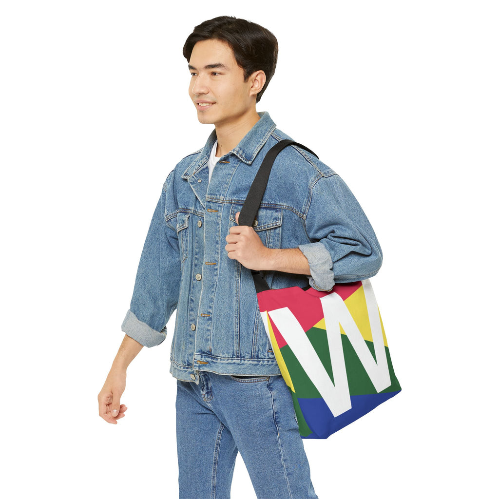 Initial Letter 'W' Colorblock Adjustable Tote Bag — Monogram Alphabet Shoulder Bag
