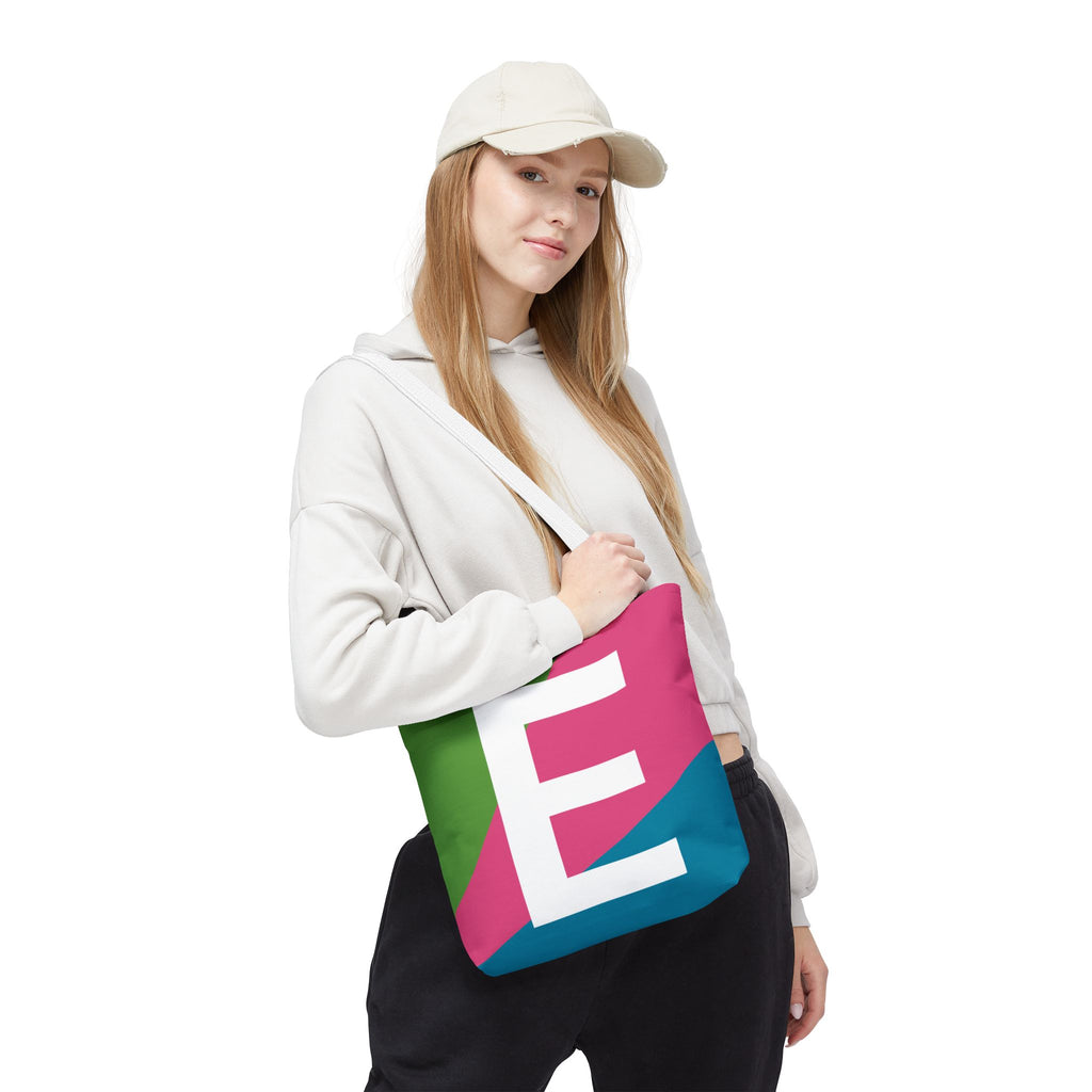 Monogram 'E' Colorblock Tote Bag — Personalized Initial E Shoulder Tote