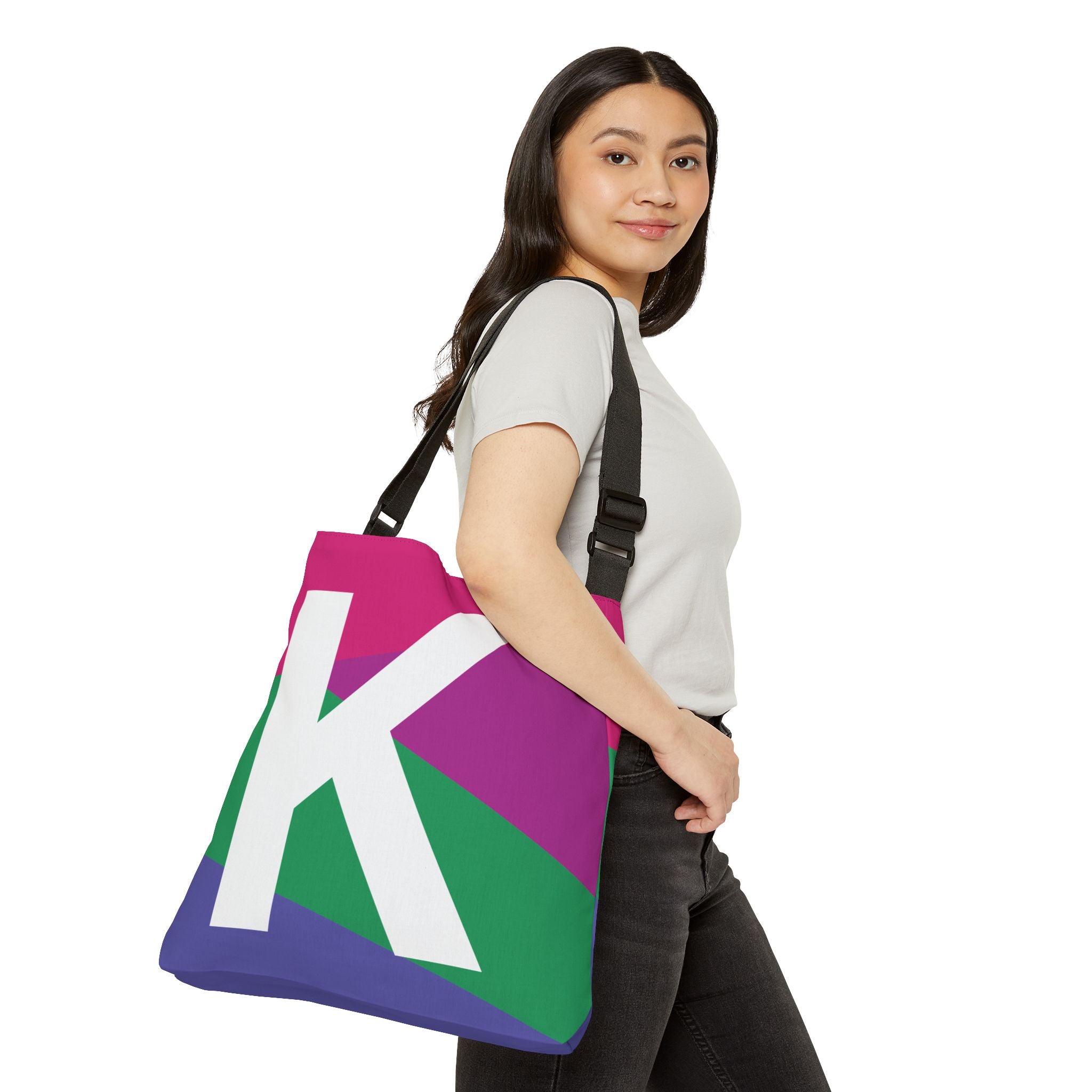 Initial Letter 'K' Colorblock Adjustable Tote Bag — Monogram Alphabet Shoulder Bag