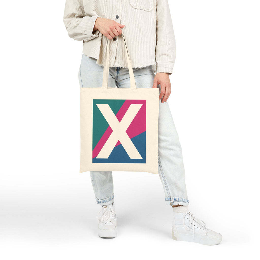 Initial X Colorblock Canvas Tote Bag — Monogram Letter X Reusable Grocery Tote