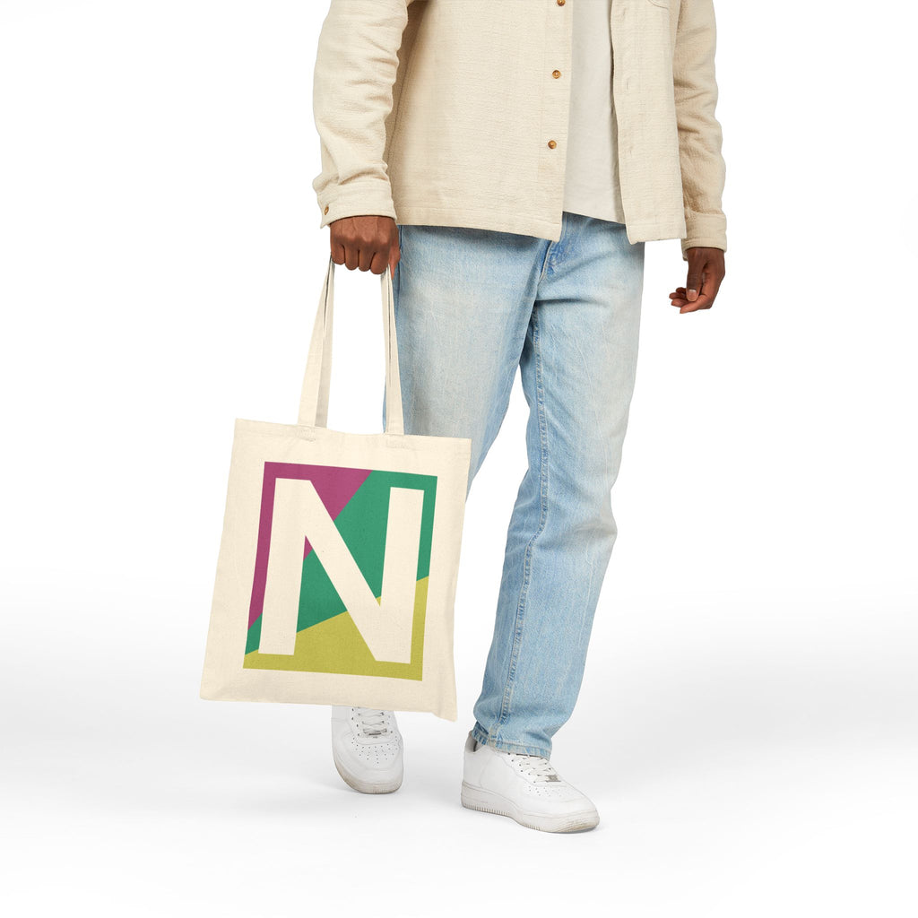 Initial N Colorblock Canvas Tote Bag — Monogram Letter N Reusable Grocery Tote