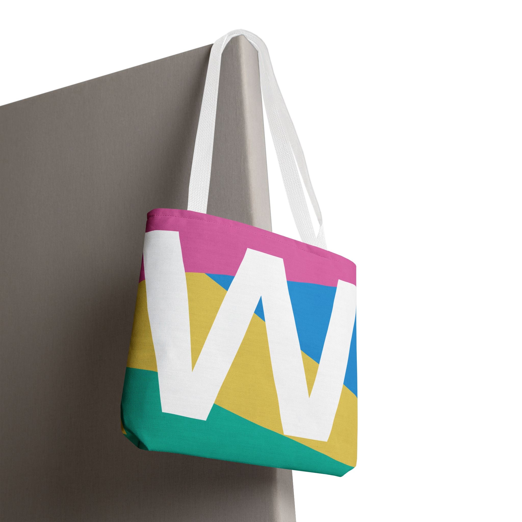 Monogram 'W' Colorblock Tote Bag — Personalized Initial W Shoulder Tote