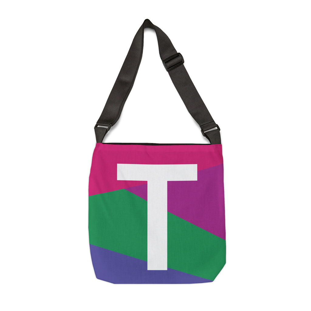 Initial Letter 'T' Colorblock Adjustable Tote Bag — Monogram Alphabet Shoulder Bag