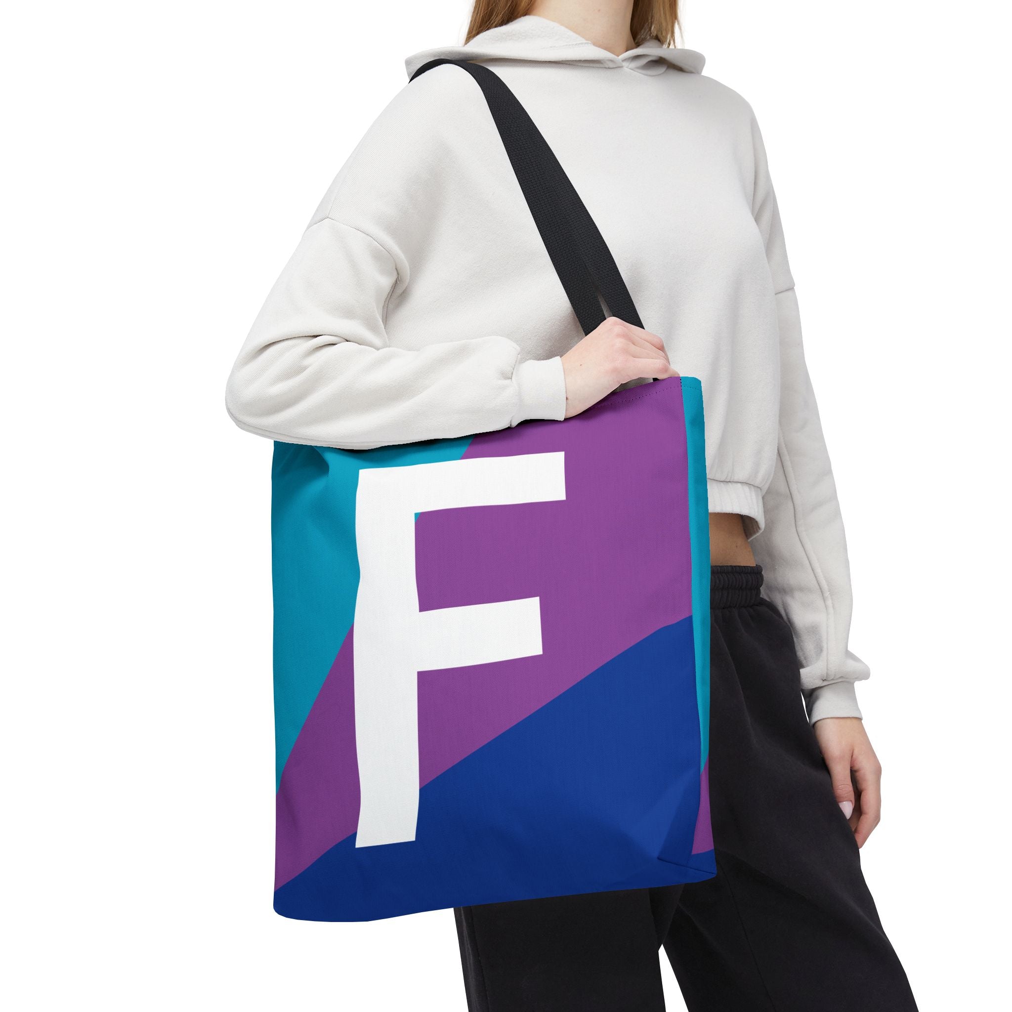 Monogram 'F' Colorblock Tote Bag — Personalized Initial F Shoulder Tote