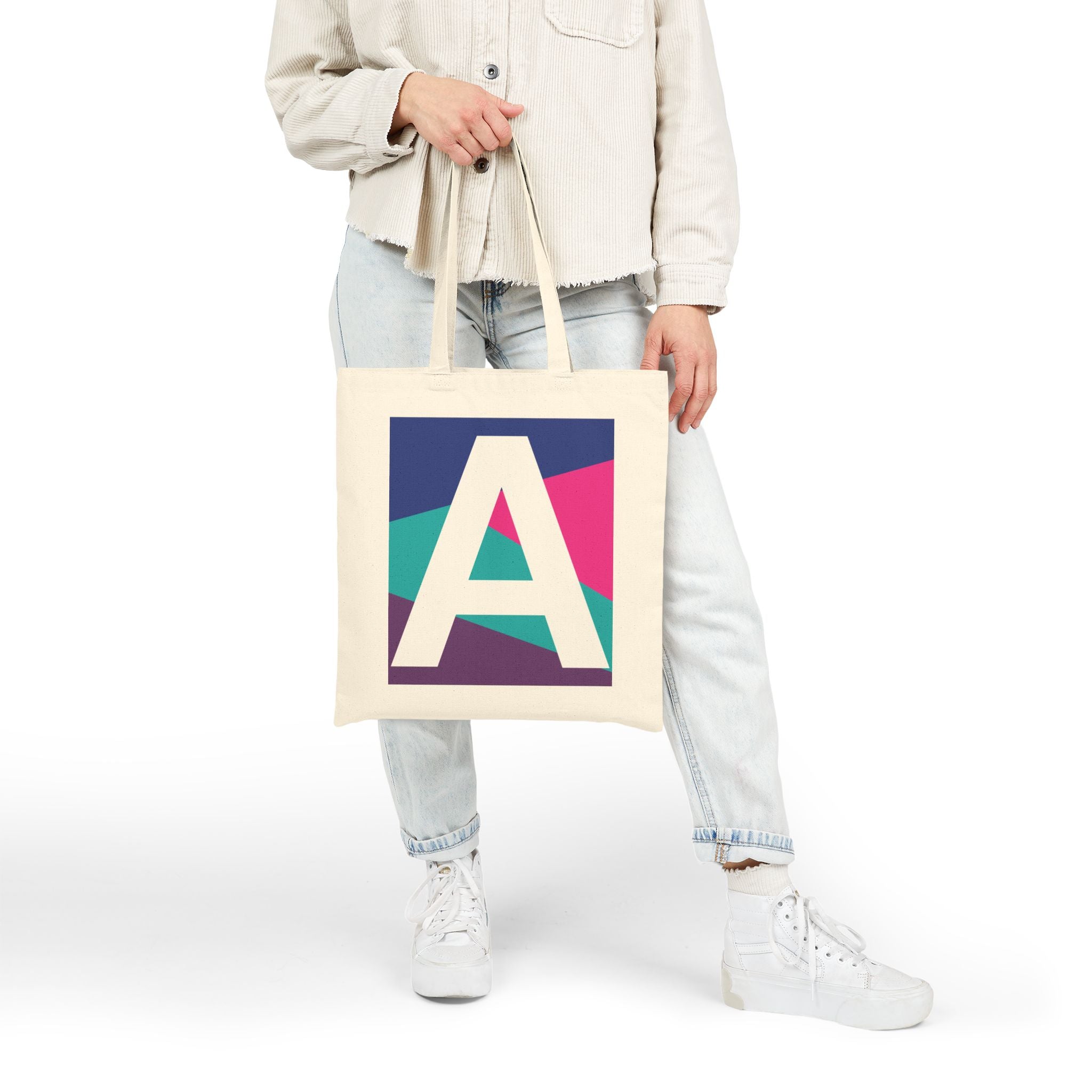 Initial A Colorblock Canvas Tote Bag — Monogram Letter A Reusable Grocery Tote