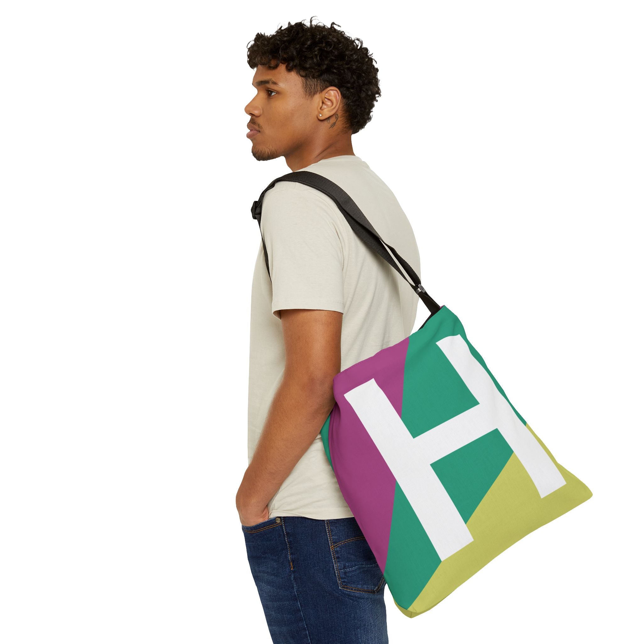 Initial Letter 'H' Colorblock Adjustable Tote Bag — Monogram Alphabet Shoulder Bag
