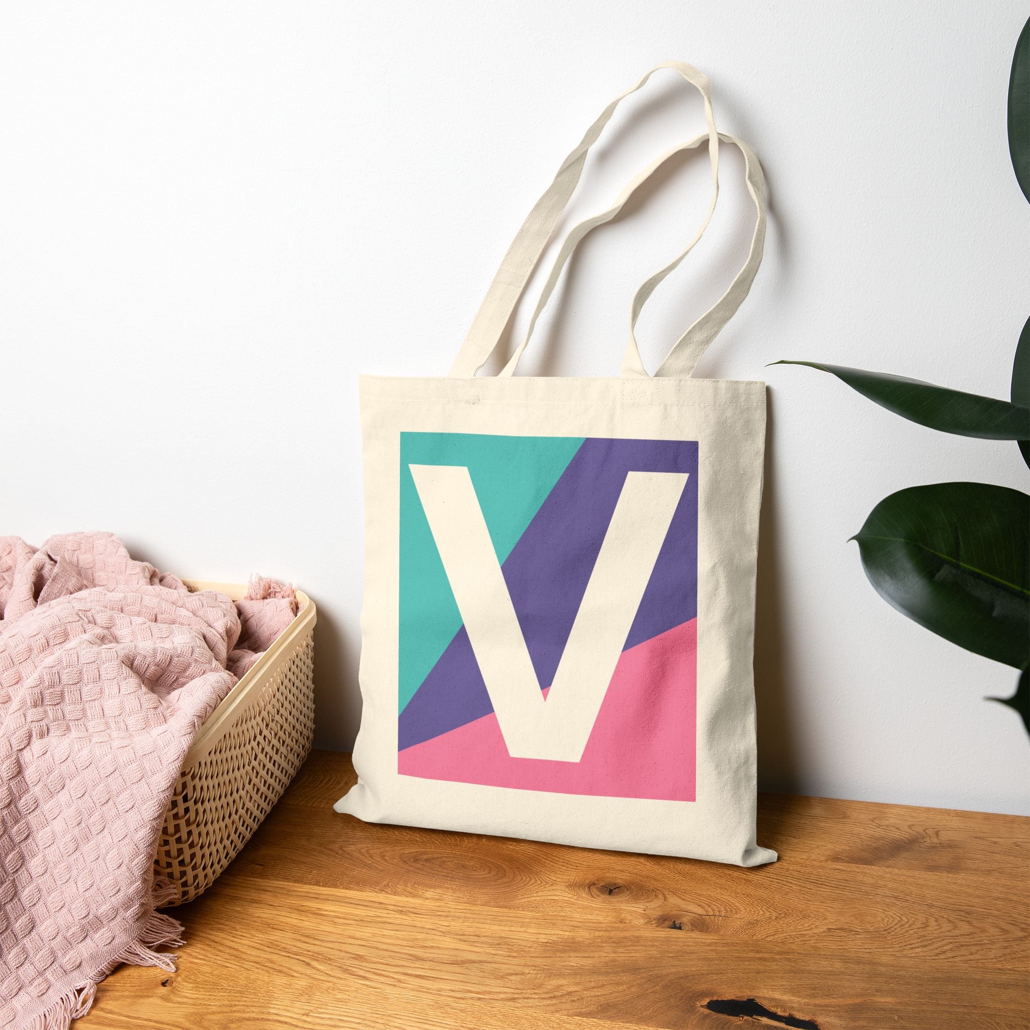 Initial V Colorblock Canvas Tote Bag — Monogram Letter V Reusable Grocery Tote
