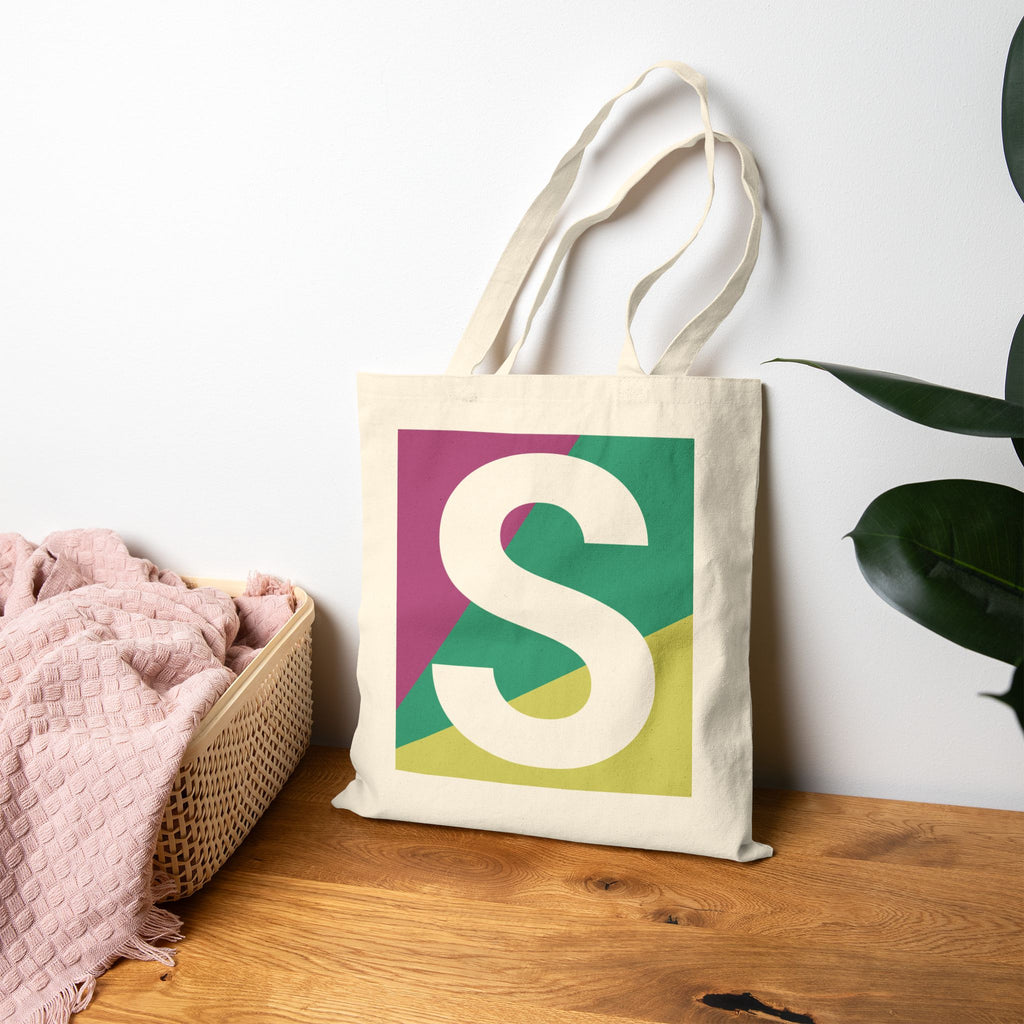 Initial S Colorblock Canvas Tote Bag — Monogram Letter S Reusable Grocery Tote