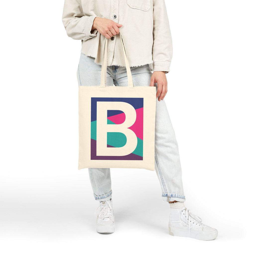 Initial B Colorblock Canvas Tote Bag — Monogram Letter B Reusable Grocery Tote