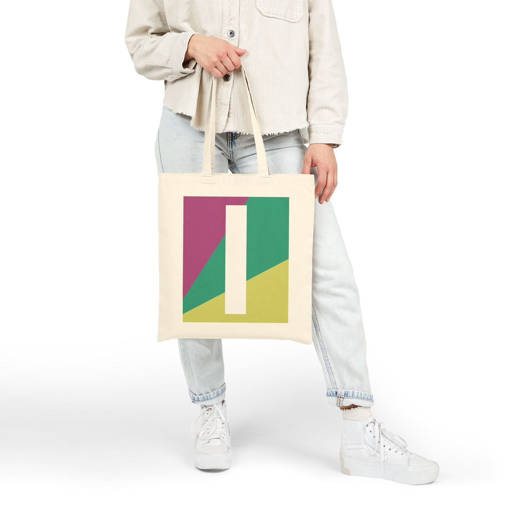Initial I Colorblock Canvas Tote Bag — Monogram Letter I Reusable Grocery Tote