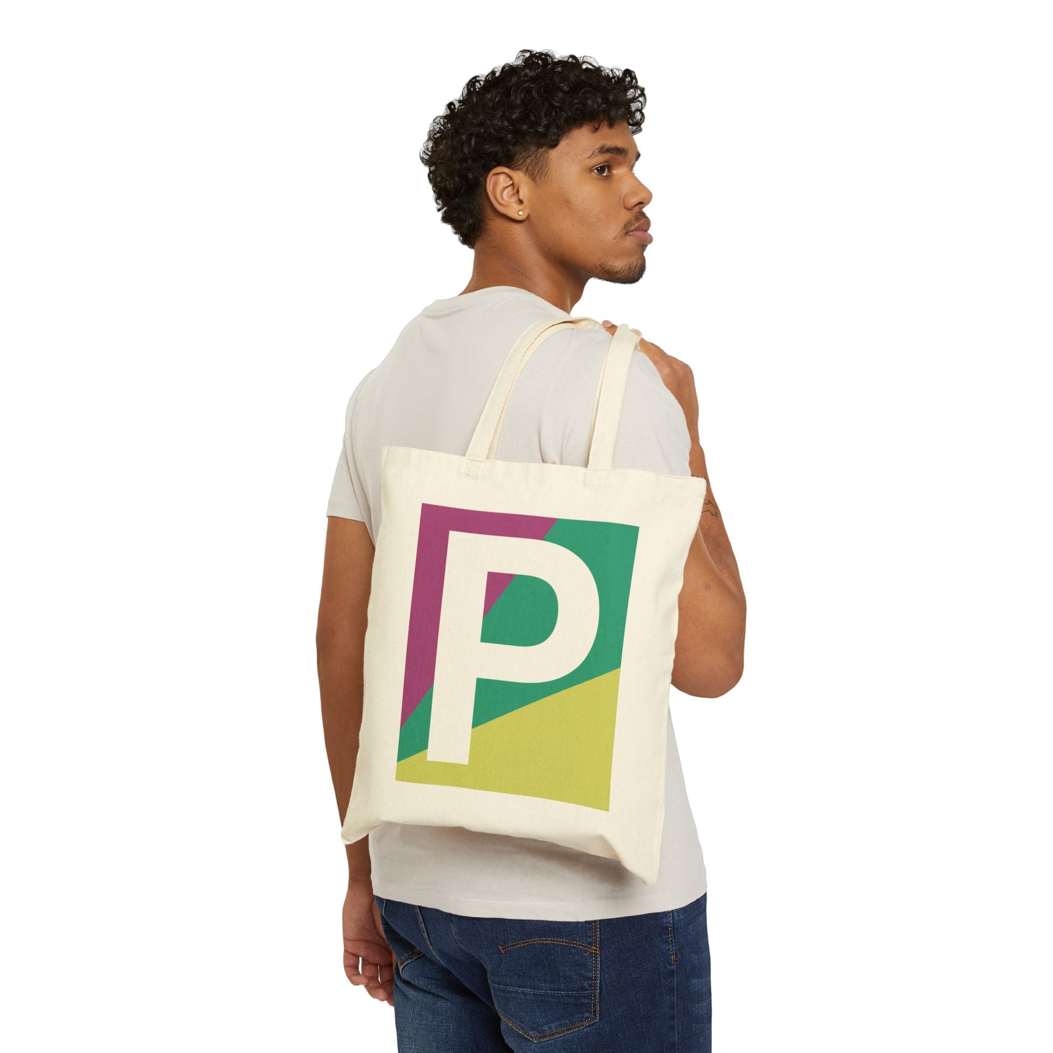 Initial P Colorblock Canvas Tote Bag — Monogram Letter P Reusable Grocery Tote