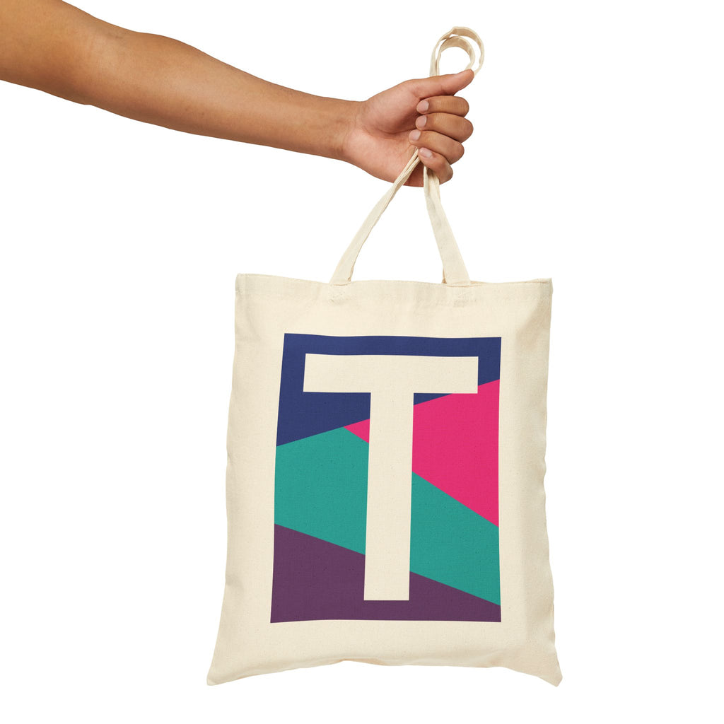 Initial T Colorblock Canvas Tote Bag — Monogram Letter T Reusable Grocery Tote