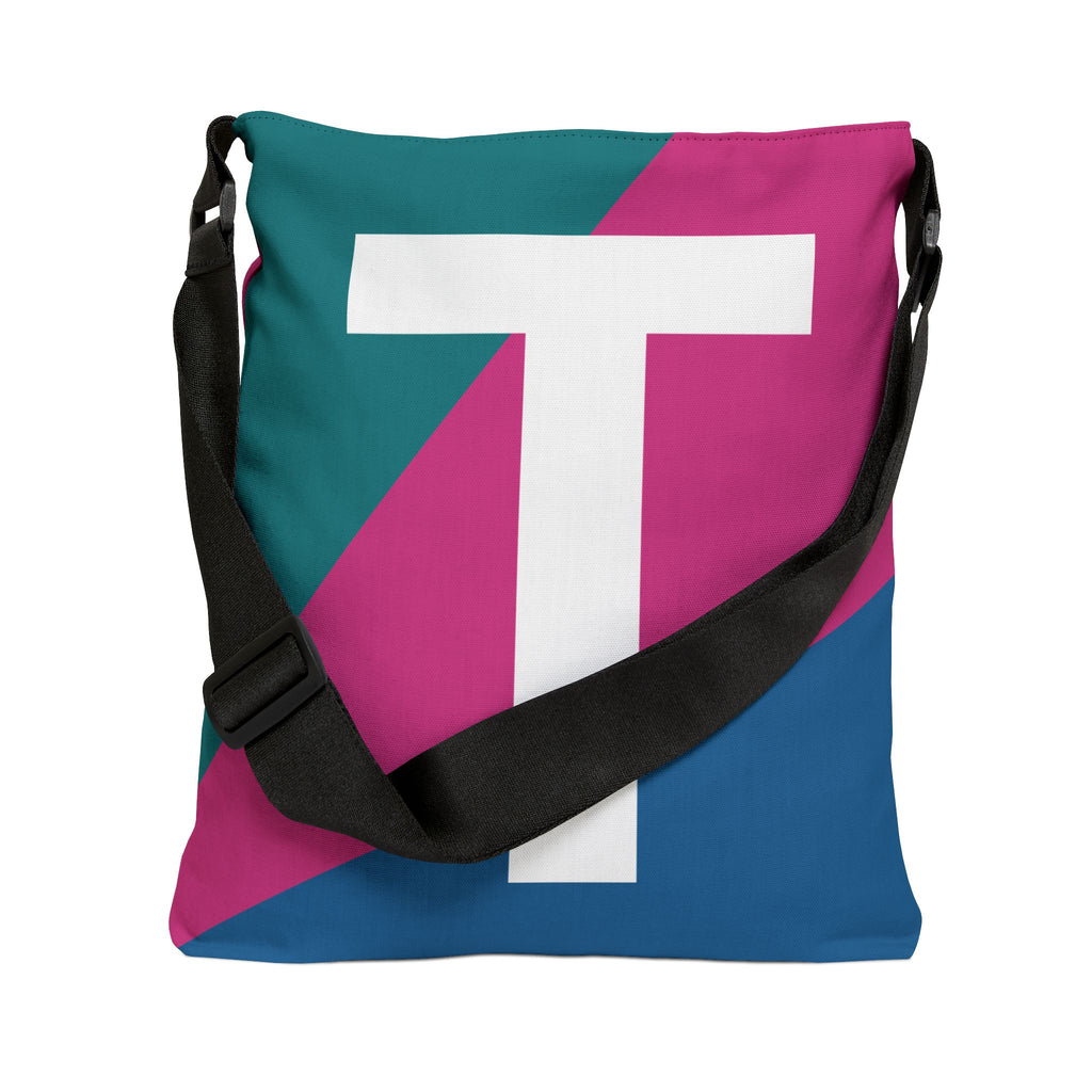 Initial Letter 'T' Colorblock Adjustable Tote Bag — Monogram Alphabet Shoulder Bag
