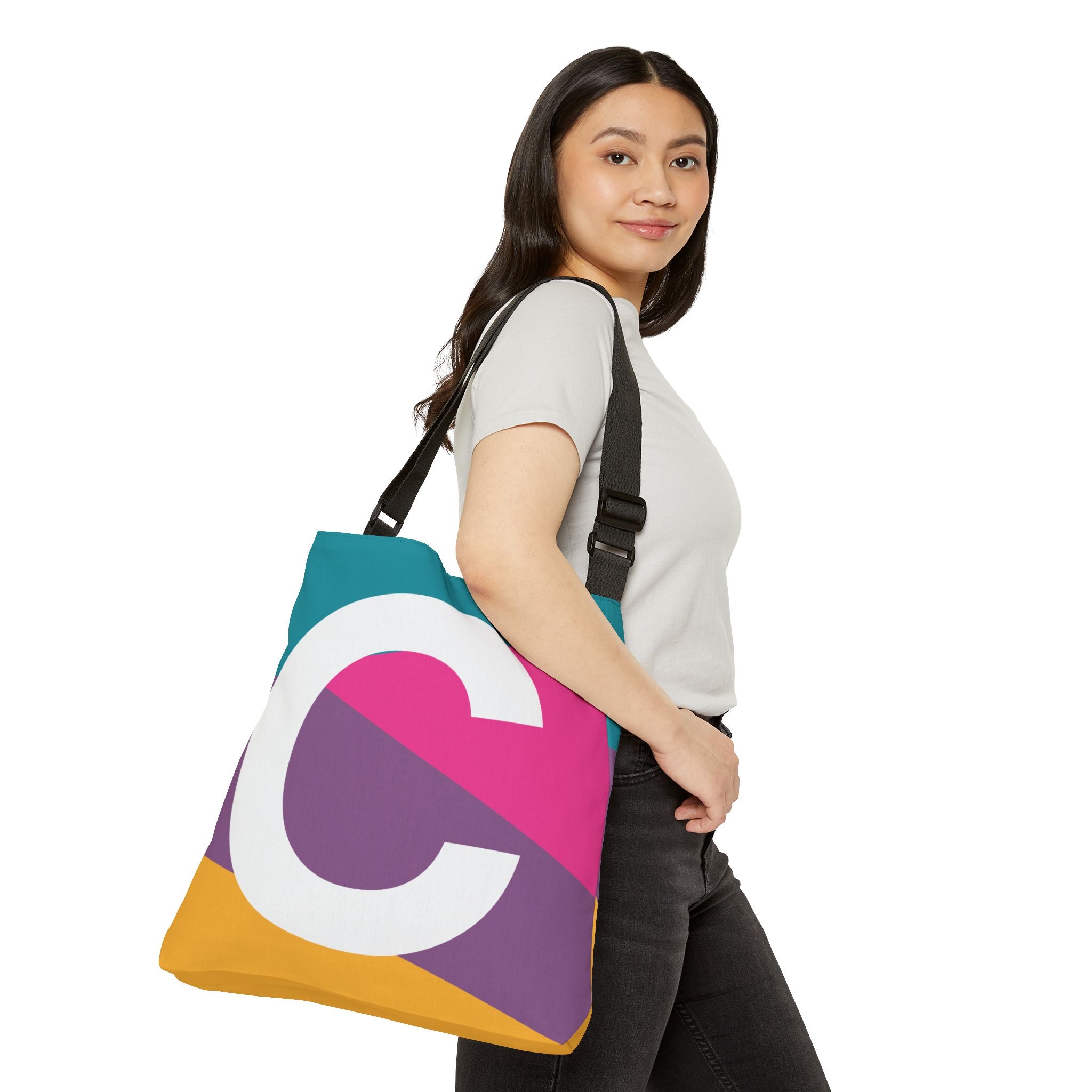 Initial Letter 'C' Colorblock Adjustable Tote Bag — Monogram Alphabet Shoulder Bag