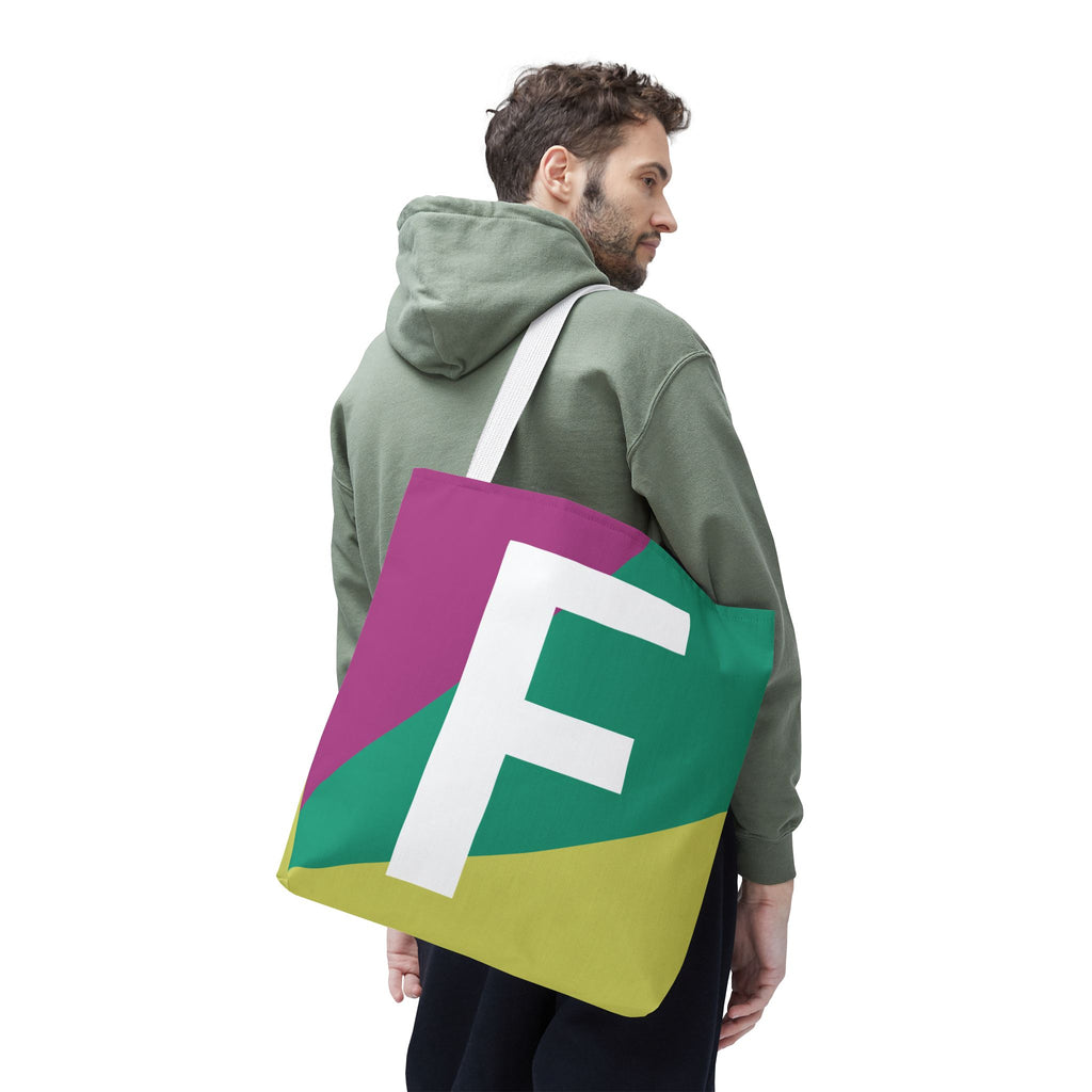 Monogram 'F' Colorblock Tote Bag — Personalized Initial F Shoulder Tote