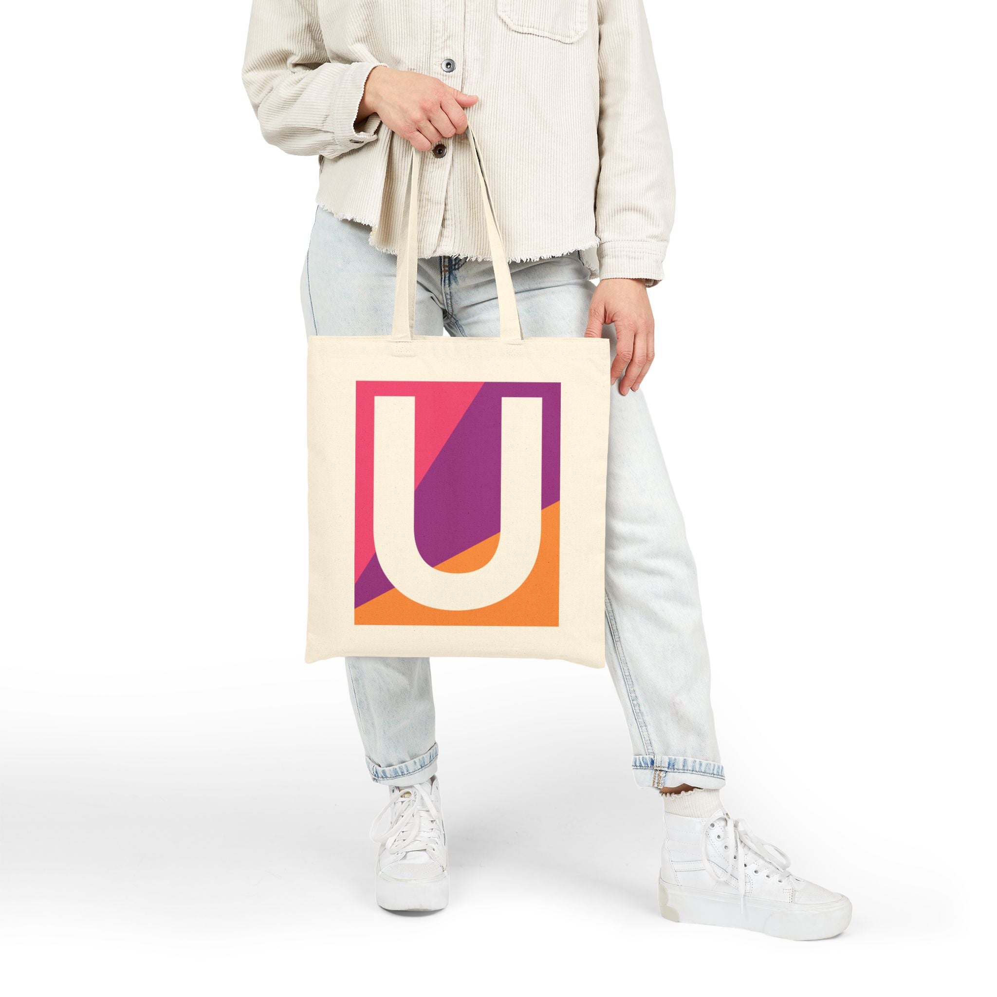 Initial U Colorblock Canvas Tote Bag — Monogram Letter U Reusable Grocery Tote