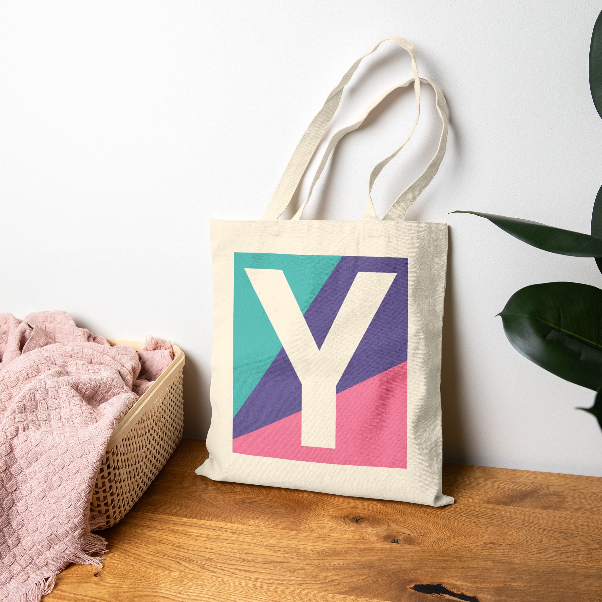 Initial Y Colorblock Canvas Tote Bag — Monogram Letter Y Reusable Grocery Tote