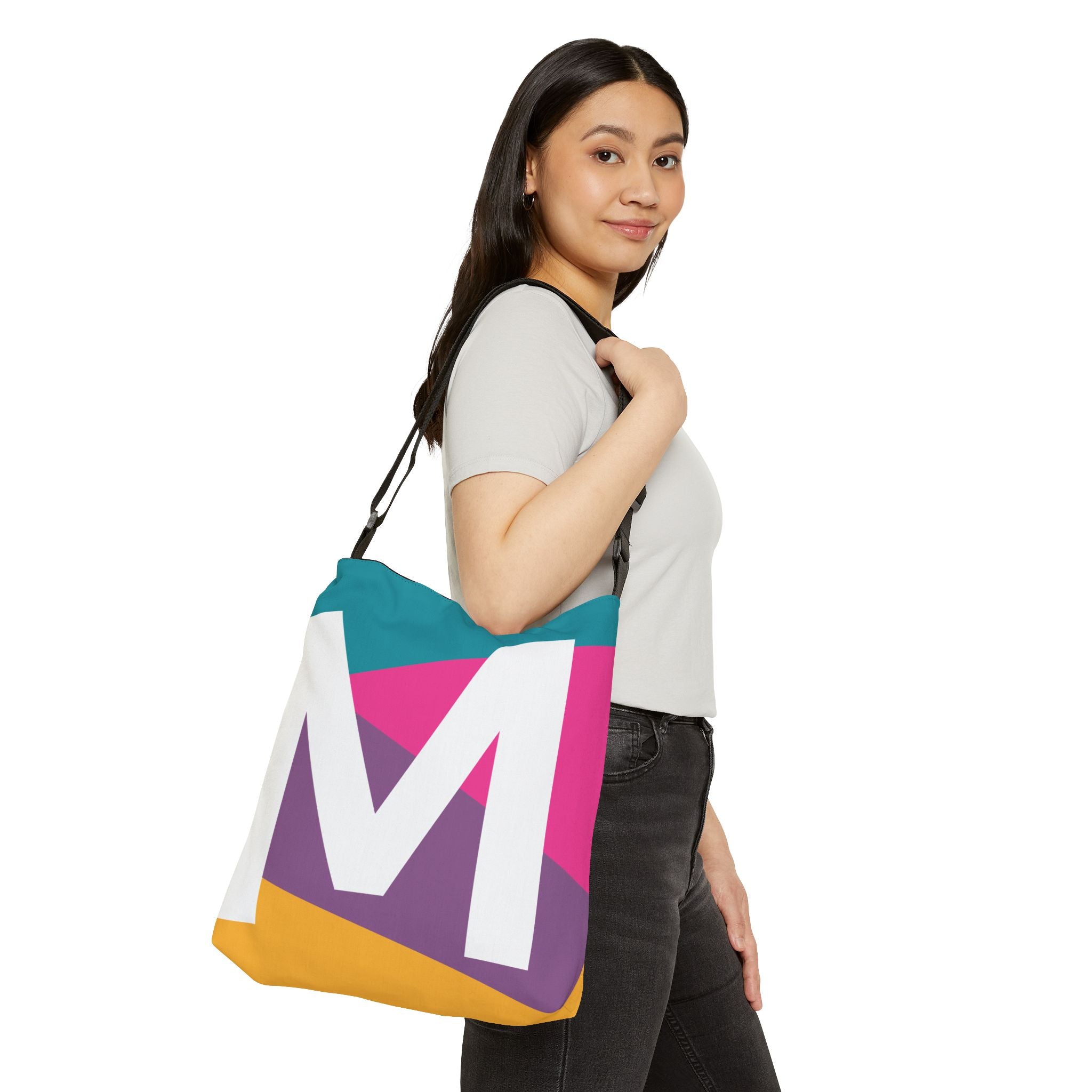 Initial Letter 'M' Colorblock Adjustable Tote Bag — Monogram Alphabet Shoulder Bag