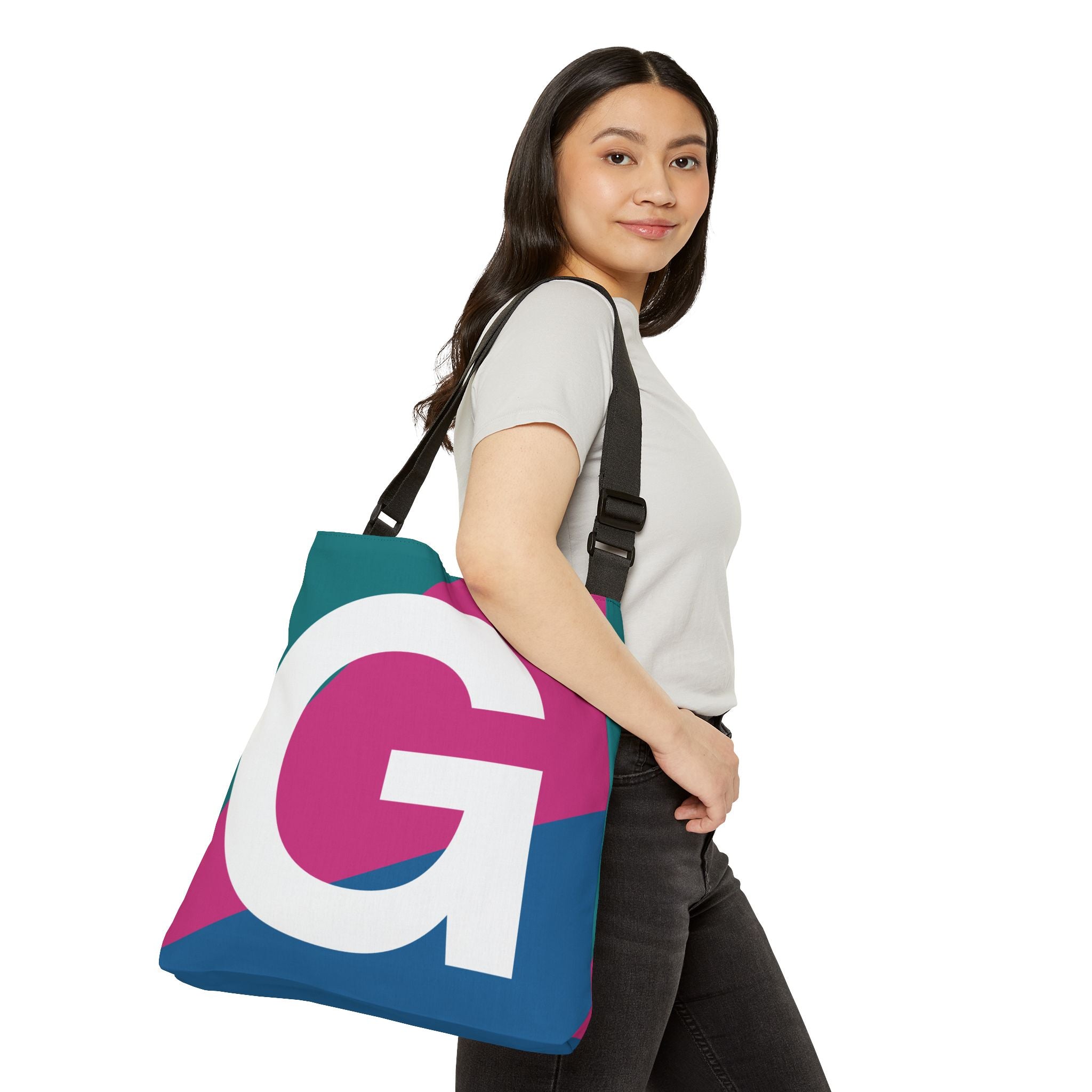 Initial Letter 'G' Colorblock Adjustable Tote Bag — Monogram Alphabet Shoulder Bag