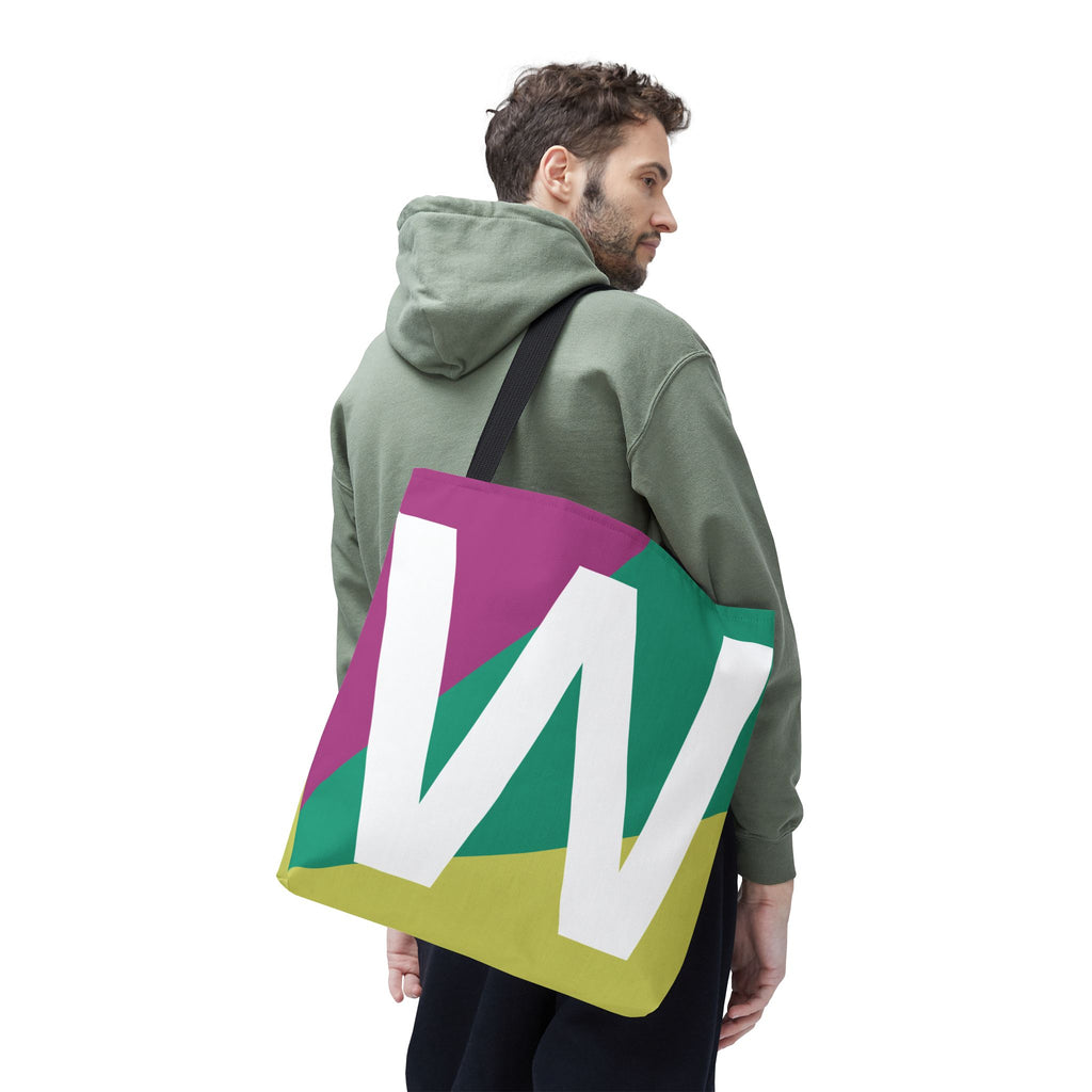 Monogram 'W' Colorblock Tote Bag — Personalized Initial W Shoulder Tote