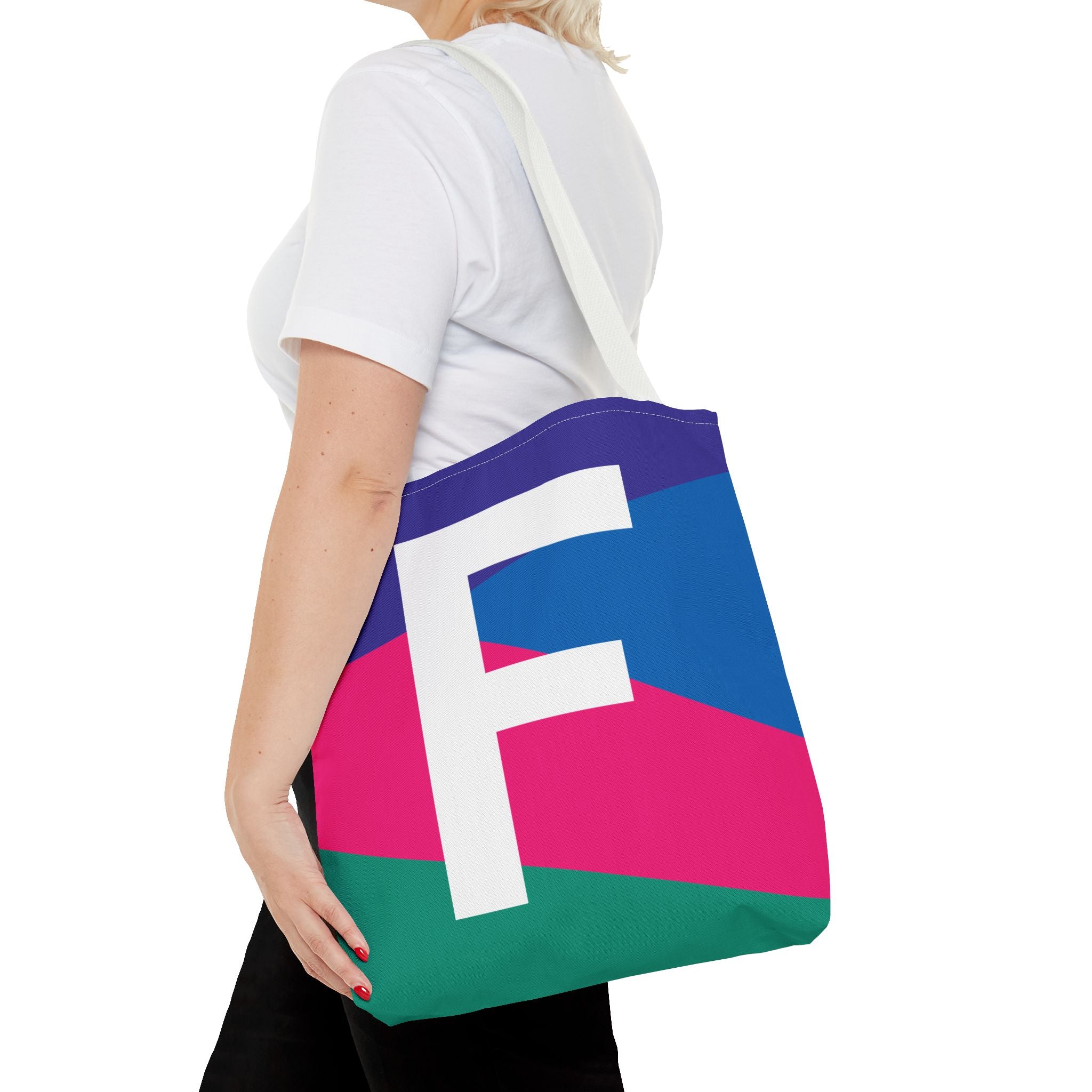 Monogram 'F' Colorblock Tote Bag — Personalized Initial F Shoulder Tote