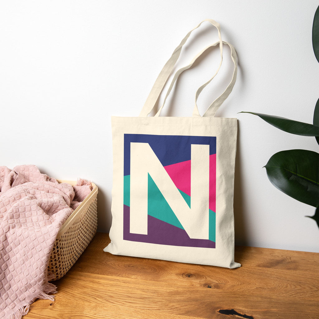 Initial N Colorblock Canvas Tote Bag — Monogram Letter N Reusable Grocery Tote