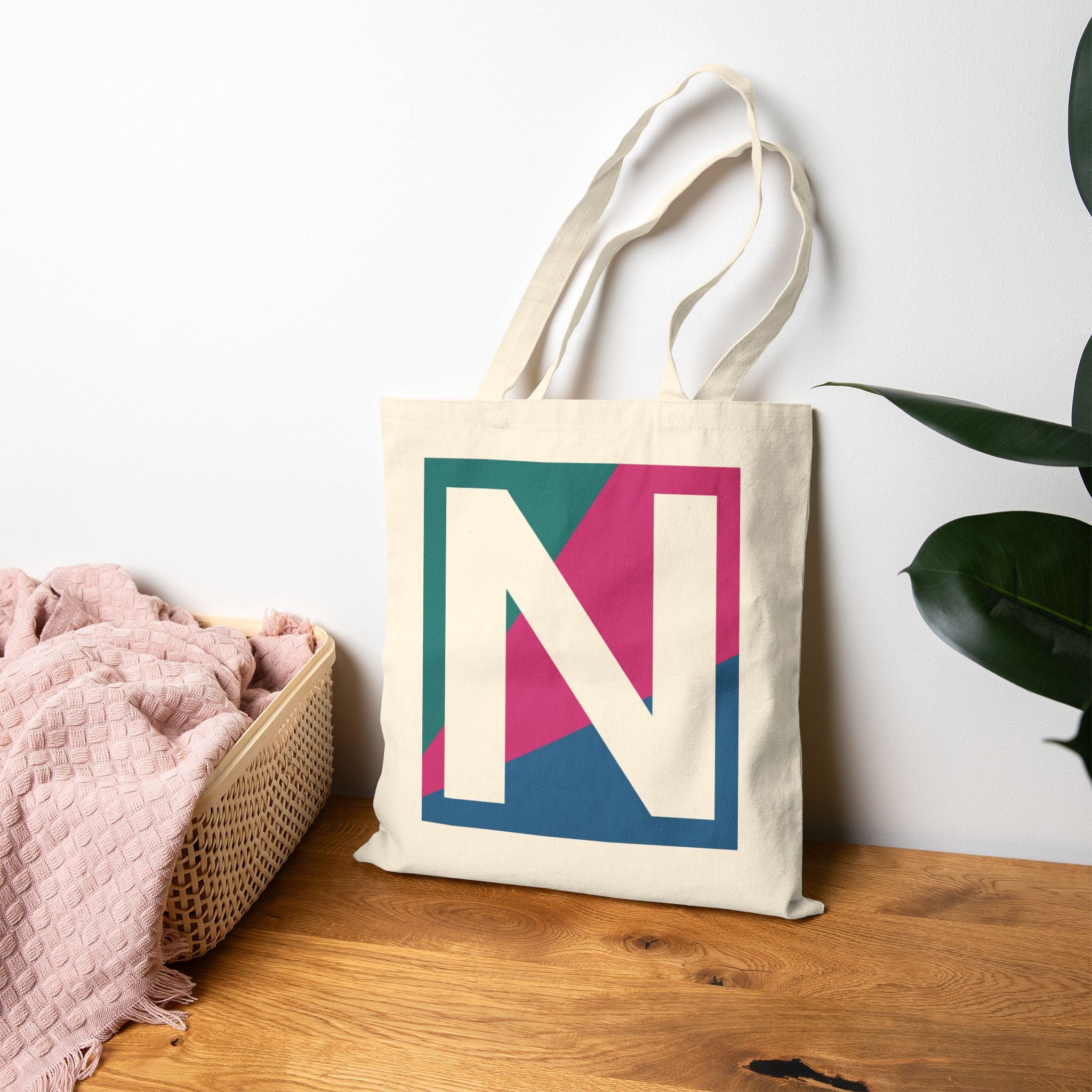 Initial N Colorblock Canvas Tote Bag — Monogram Letter N Reusable Grocery Tote