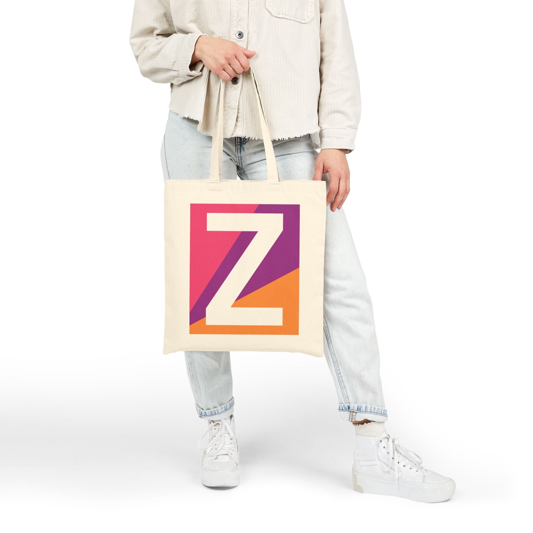 Initial Z Colorblock Canvas Tote Bag — Monogram Letter Z Reusable Grocery Tote