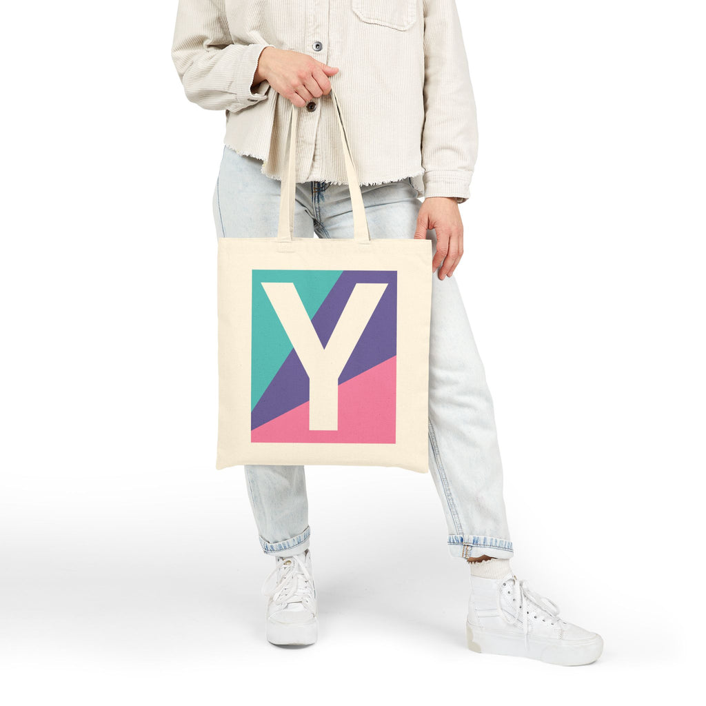Initial Y Colorblock Canvas Tote Bag — Monogram Letter Y Reusable Grocery Tote
